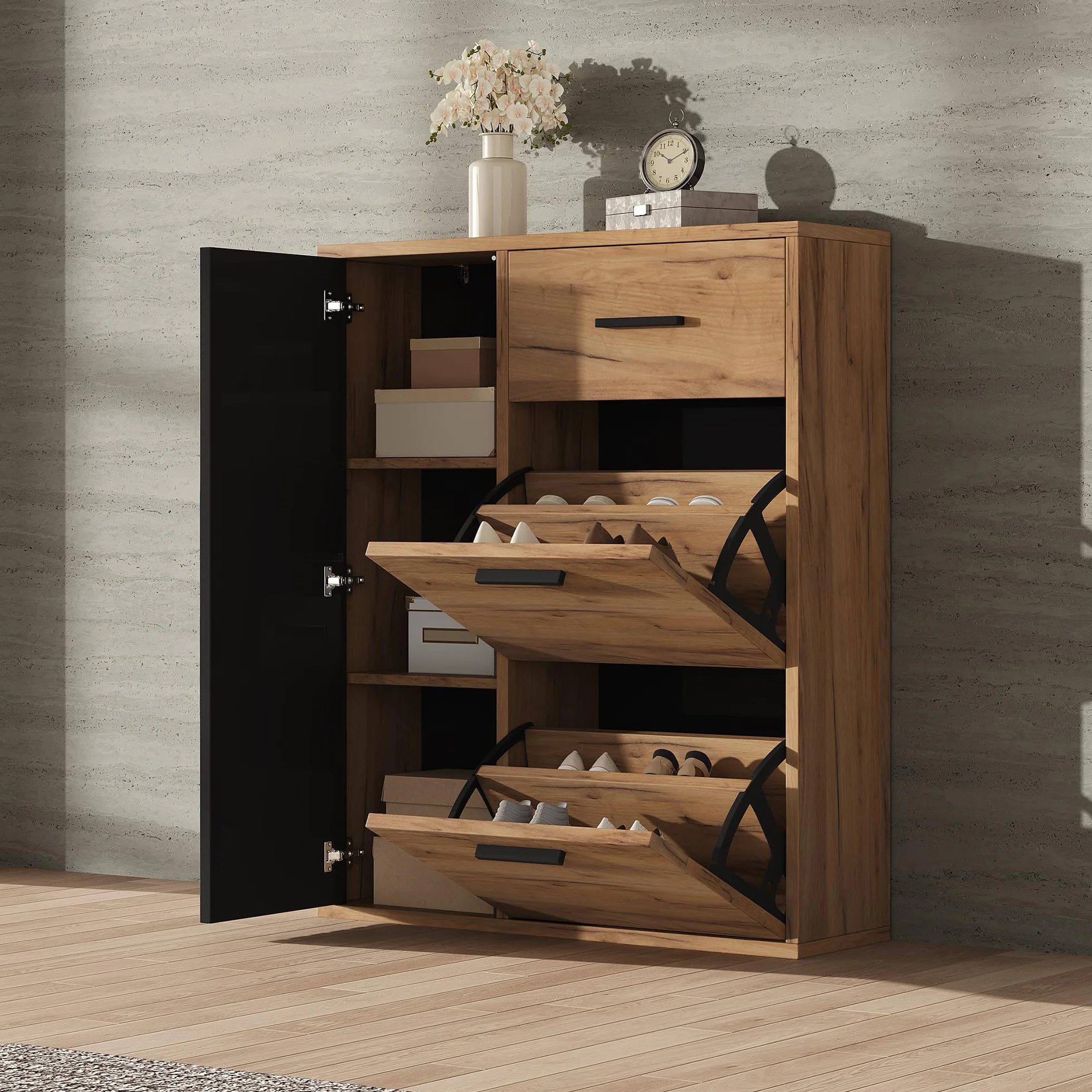 80 × 24 × 95,5 cm, zapatero moderno con estantes ajustables, tiradores negros, 1 cajón y 1 puerta, zapatero multiusos, zapatero en el pasillo (natural+negro)