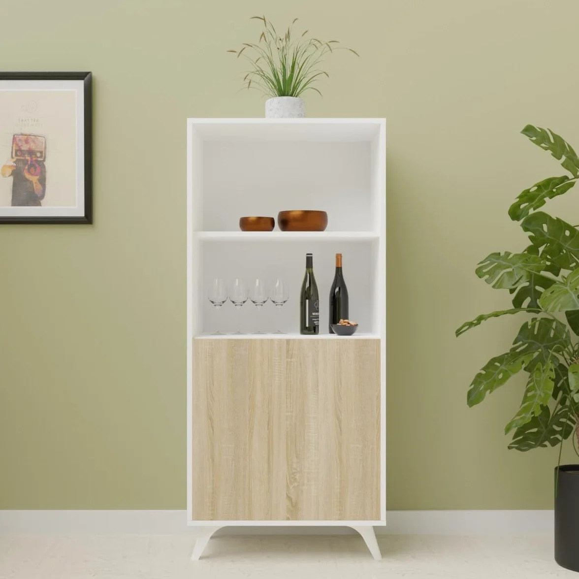 amuéblate Online - Mueble Bar para Salón o Comedor, Modelo Lotus, Práctico y Funcional, Color Blanco-Roble, Fácil de Montar, Medidas: 60 cm (Ancho) x 135 cm (Alto) x 39,6 cm (Fondo)