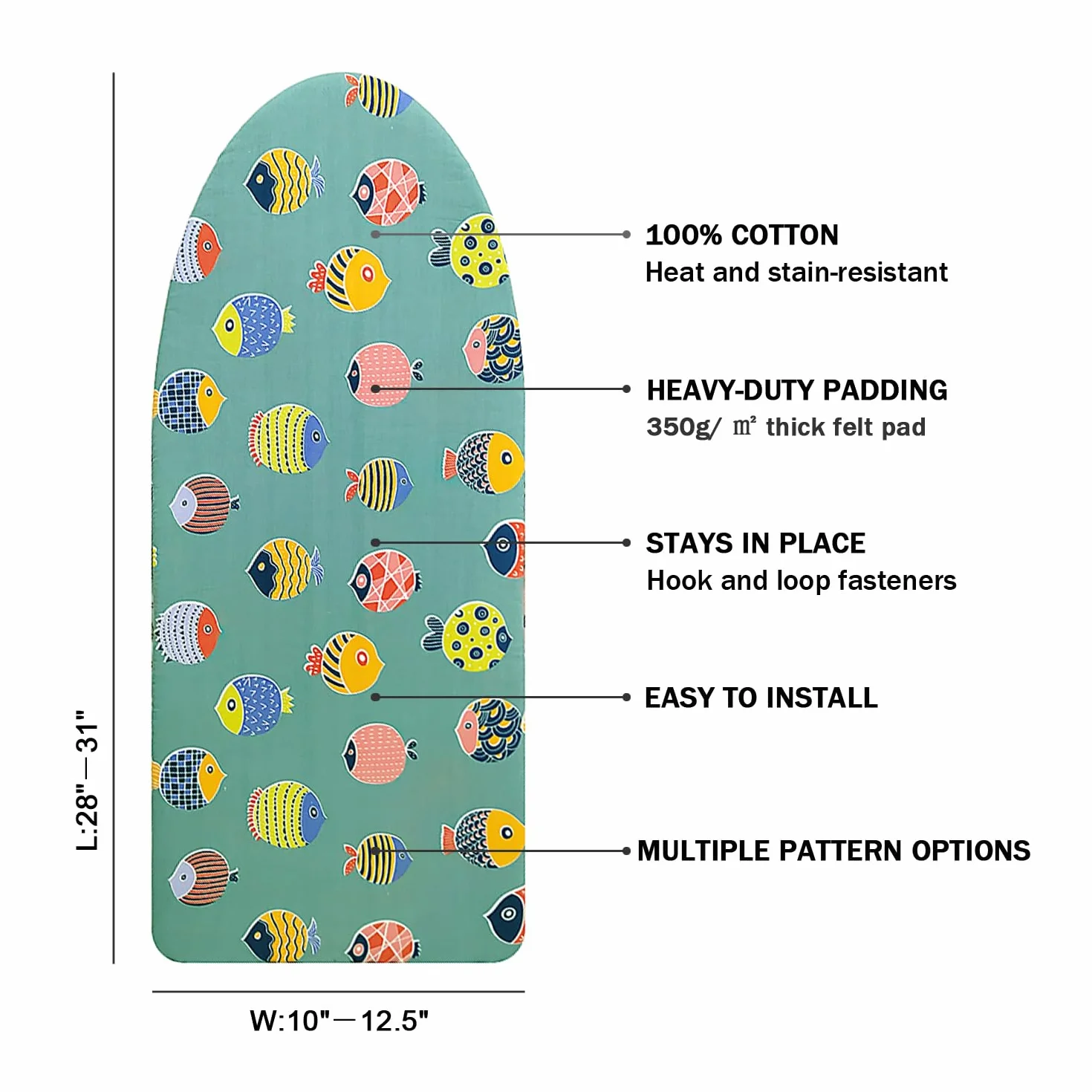 Funda y almohadilla para tabla de planchar pequeña de 12.5 x 30 pulgadas, 3 pares de correas de cierre de velcro, bordes elásticos, funda para tabla de planchar de 2 capas con acolchado grueso