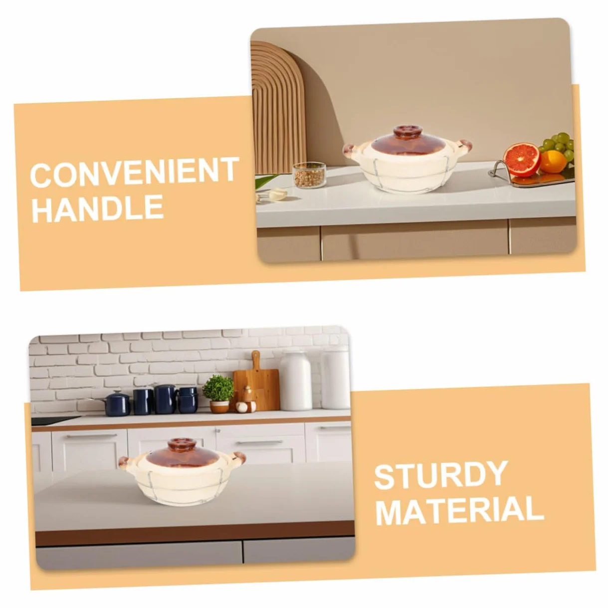 Cazuela de Barro con Asa, 2 Piezas, Beige, para Guisos | Arcilla y Hierro, Resistente a Altas Temperaturas, Diseño Ergonómico del Mango