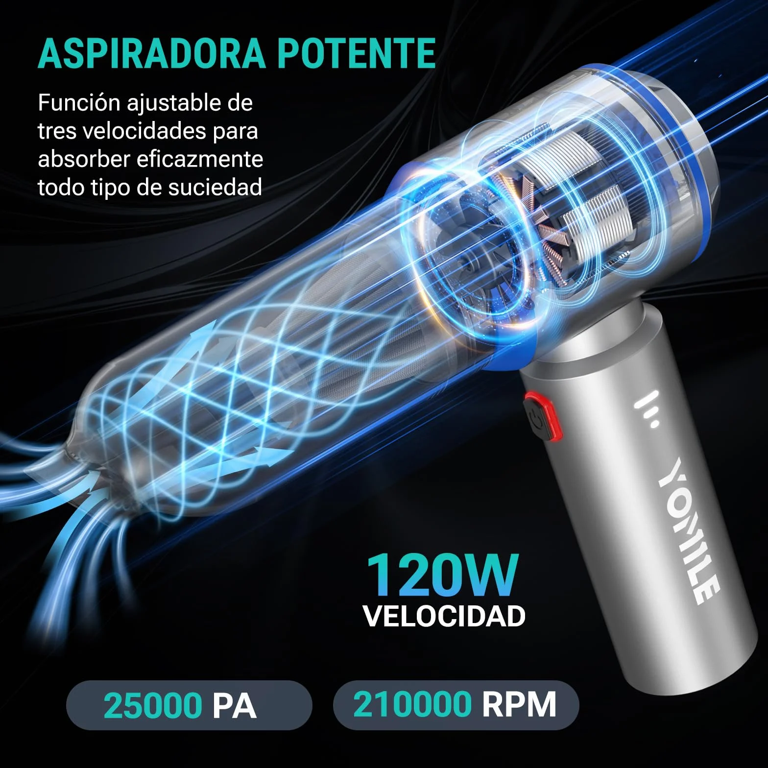 Yomile Aspirador de Mano 25000Pa 120W Recargable sin Escobillas 210.000 RPM sin Cable para Coche