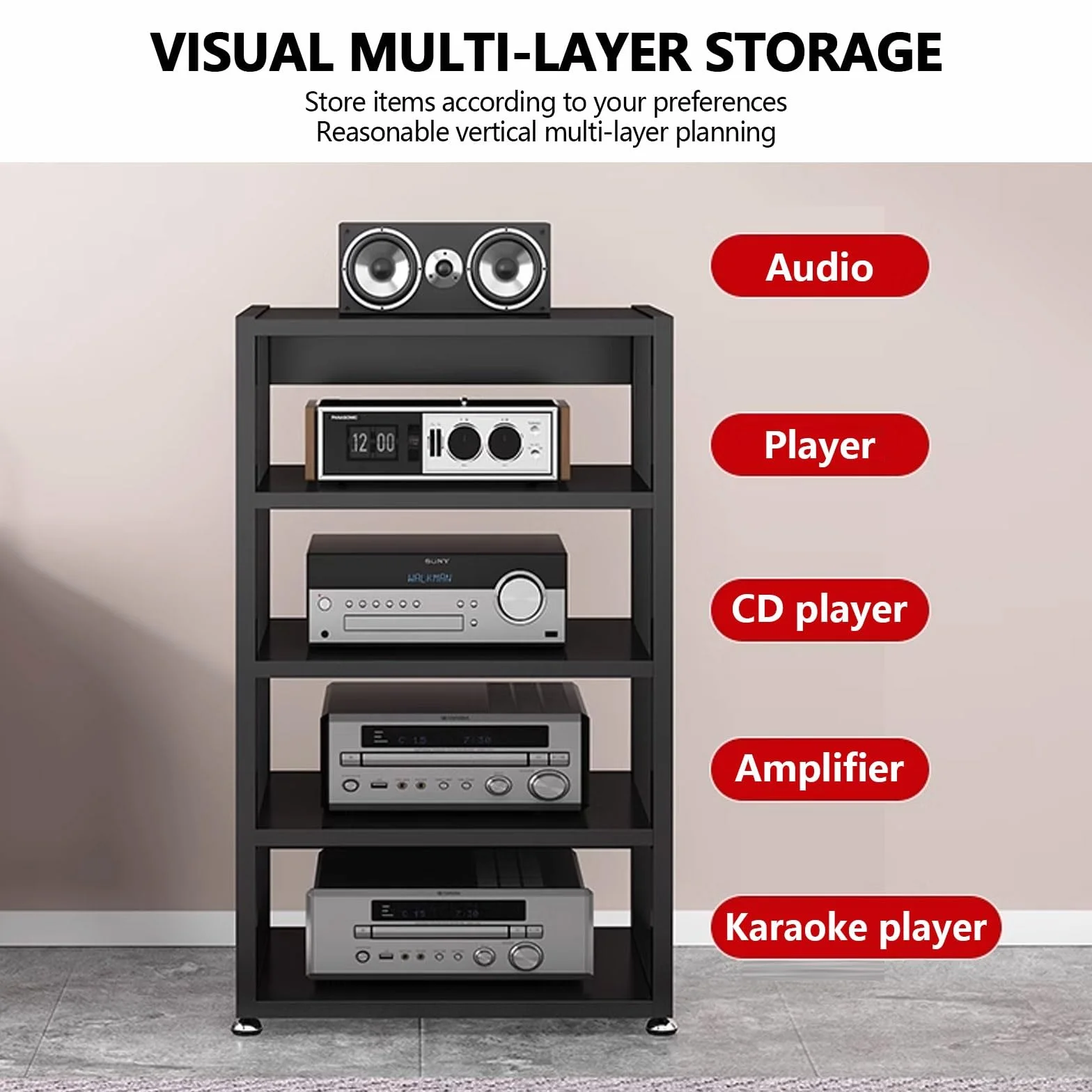 Dormitorio DVD Parlantes estantes, moderno Estante Almacenamiento Componentes Estéreo, Gabinete Almacenamiento Medios, multicapa Estantes Audio Video, sala de estar almacenamiento medios gabinete.