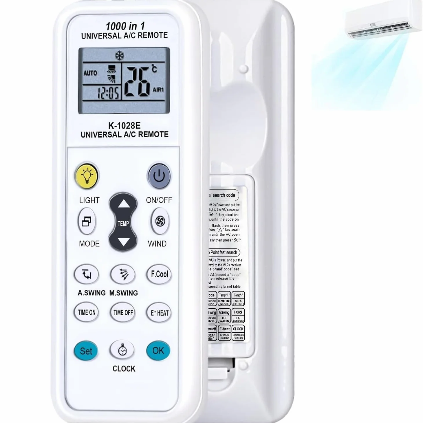 TECHZOCO K-1028E Mando Universal Aire Acondicionado Control Remoto LCD Digital 1000 en 1