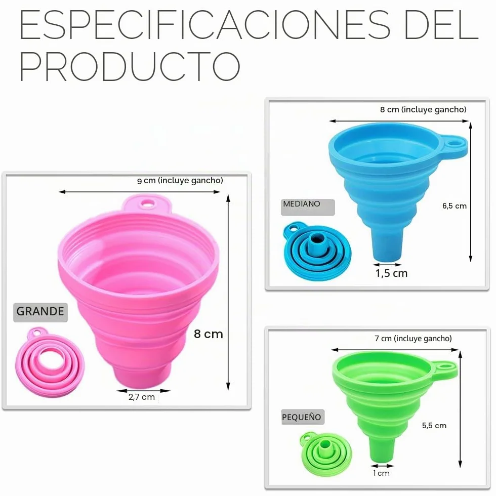 Juego de 3 Embudos Plegables de Silicona para Cocina - Pequeño/Mediano/Grande