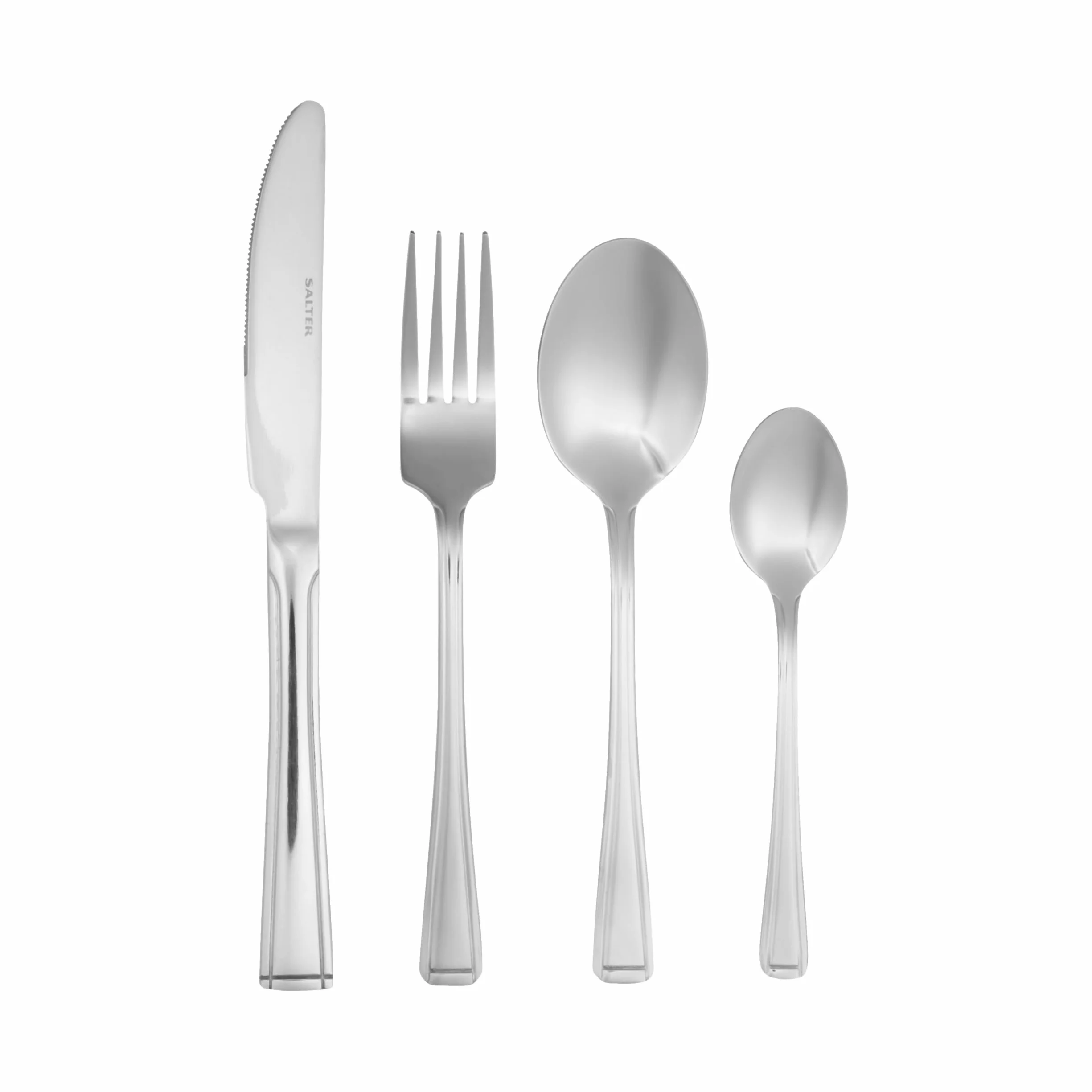 Salter COMBO-8305A Elegance Buxton - Cubertería de 48 piezas para 12 personas, incluye tenedores, cuchillos, cucharillas y cucharas, apto para lavavajillas, acero inoxidable, 15 años de garantía