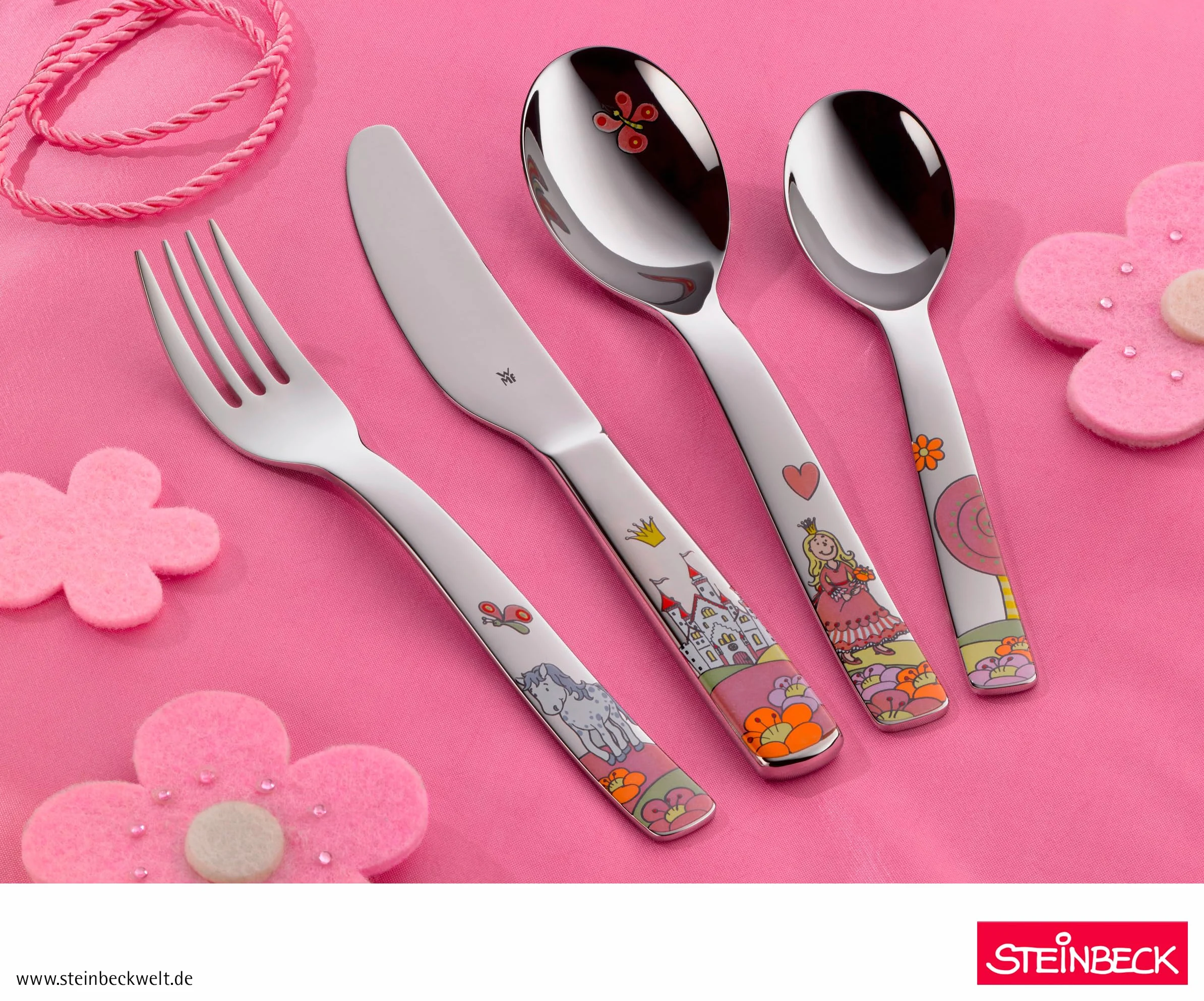 WMF Juego de vajilla infantil Princess Anneli de 6 piezas con grabado – con nombre – Plato de porcelana y cuenco de cereales con cubiertos para niños – Vajilla infantil para comida independiente a