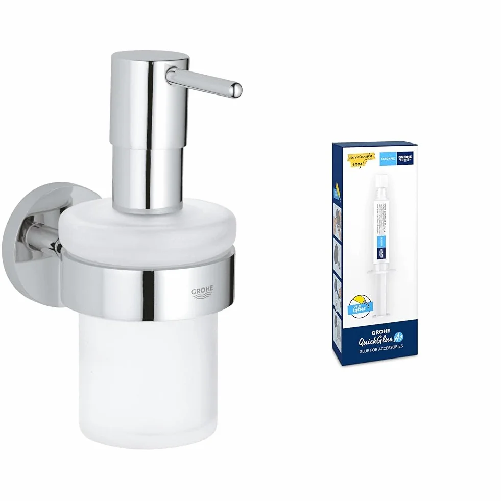 Grohe Lote Start QuickFix - Dispensador de jabón con Soporte en Cromo con Adhesivo QuickGlue A1 (Pegamento sin taladrar para 1 Punto de Montaje), Ref. 41195000