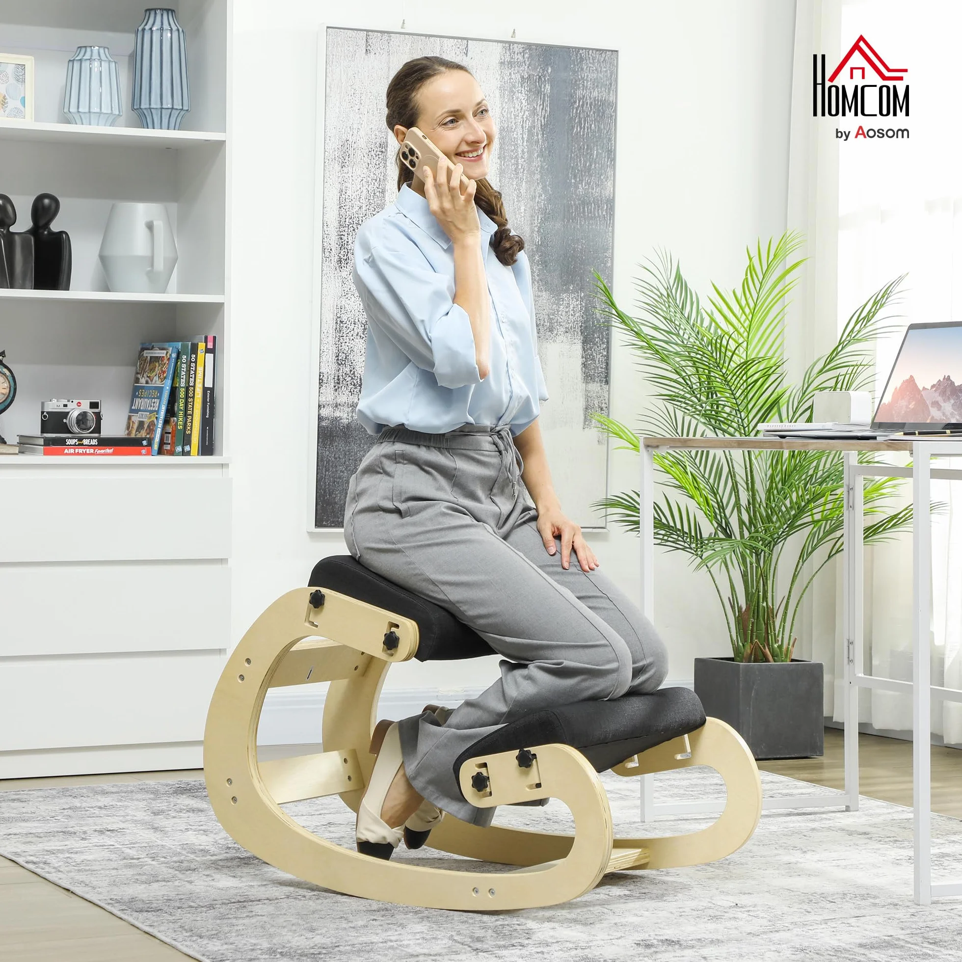 HOMCOM Asiento de Rodilla, Asiento Ergonómico de Madera basculante, Silla de Rodilla ajustable para Oficina en casa, Mejorar la Postura, Dolor de Espalda, Negro
