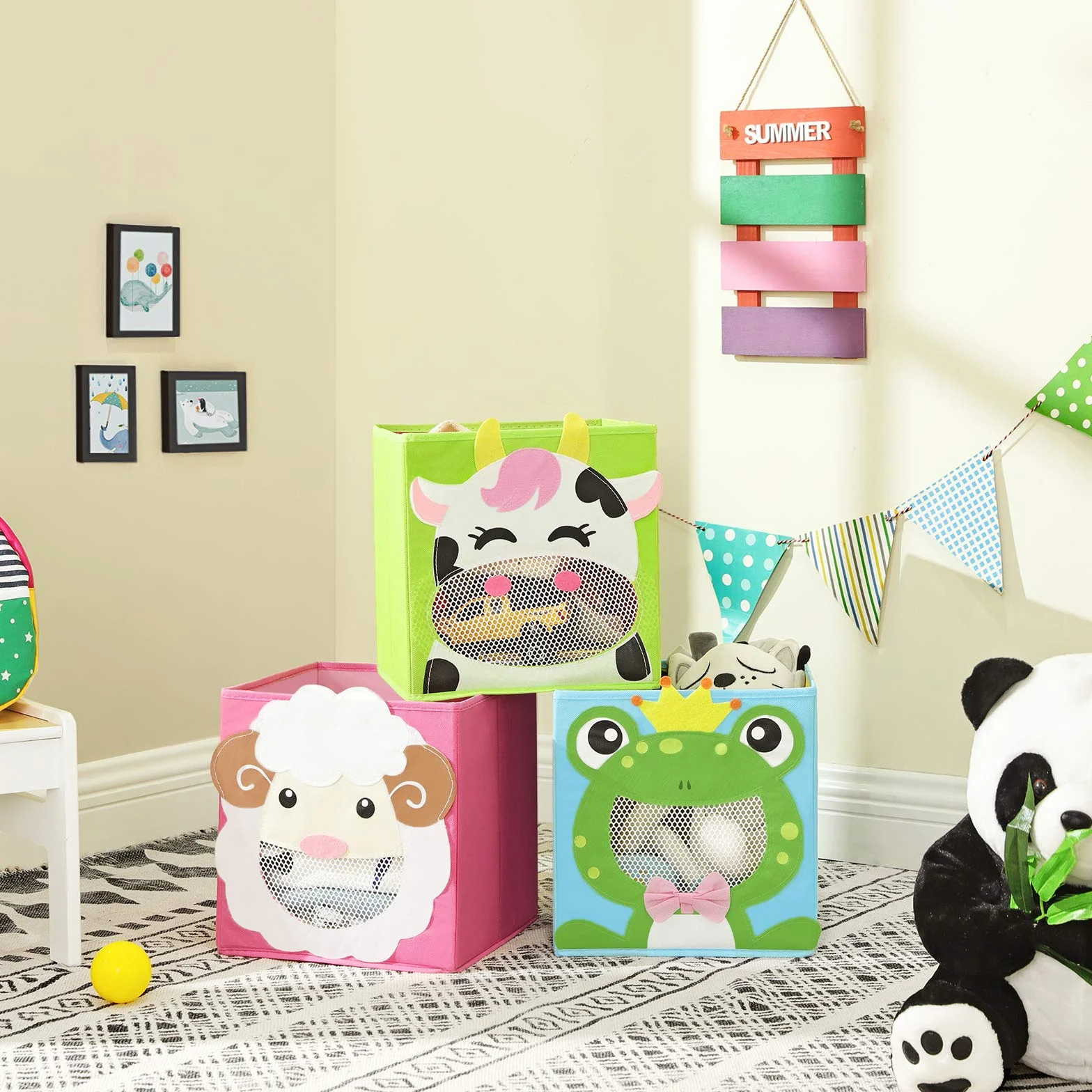 SONGMICS Cajas de Almacenamiento Juego de 3 Organizadores Plegable 27 x 27 x 27 cm Azul Verde Rosa RFB01PG