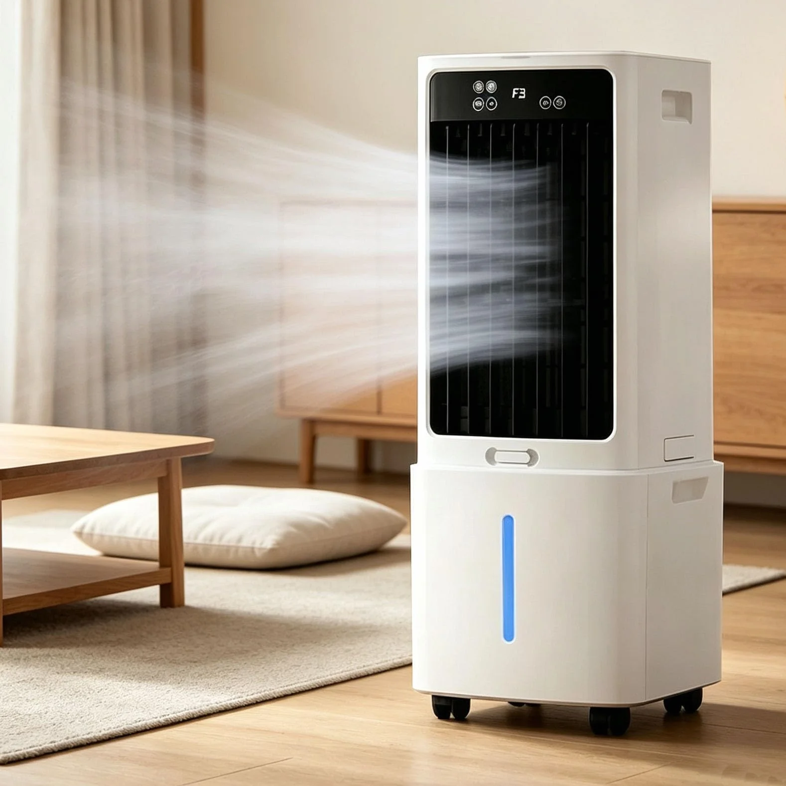 Enfriador de Aire 12L 3 en 1, Climatizador Portátil con Mando a Distancia | Temporizador 12H, Oscilación 120°, 3 Velocidades, Pantalla Digital, 2 Bolsas de Hielo, Ruedas, Confort de Verano