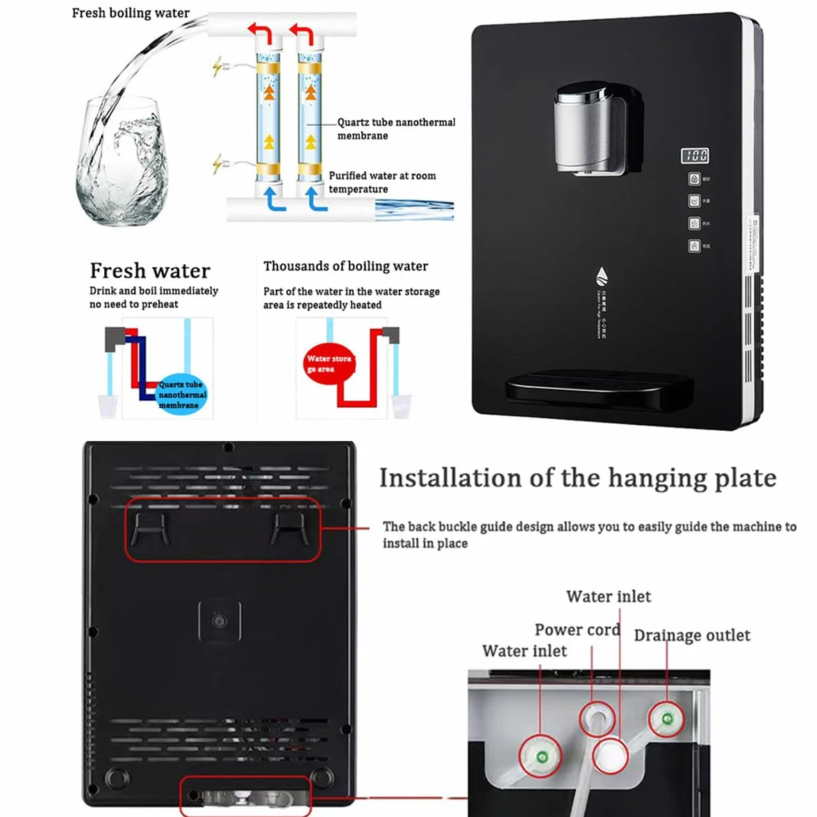 Dispensador De Agua De Pared Con Bloqueo ElectróNico Para NiñOs, Capacidad De 30 L/H, Agua Caliente Y Fría, Pantalla TáCtil Inteligente, Ajuste De Varias Velocidades Para Oficina,Black