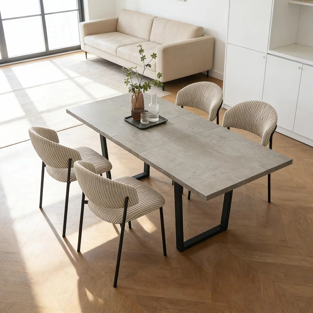 JIEXI Juego de 4 mesas de Comedor Extensibles de 130 x 170 cm, 4 sillas de Pana, Tablero Rectangular de MDF de Cemento, Estilo Moderno y contemporáneo para Comedor y Cocina