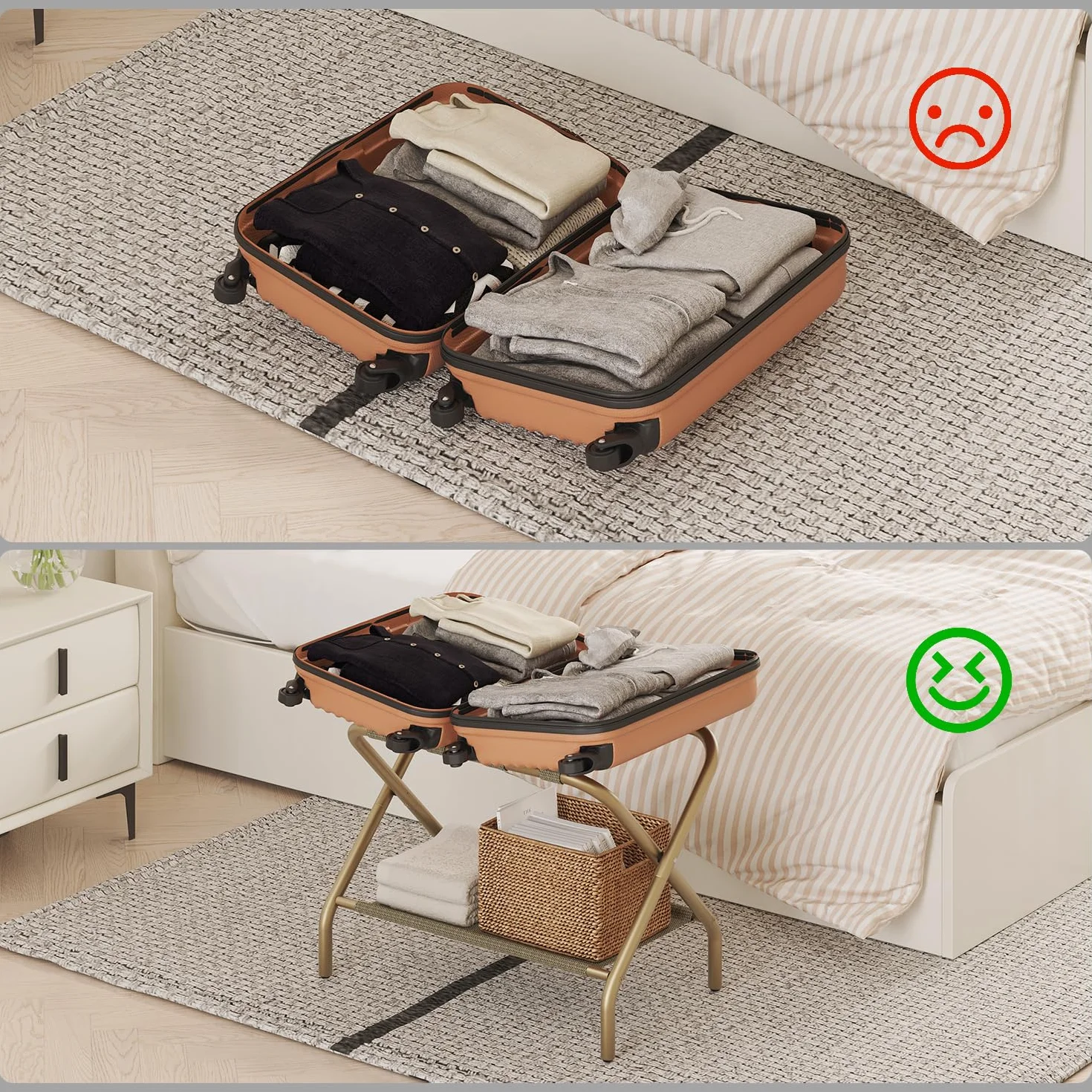 Smart FENDEE - Portaequipajes para habitación de invitados, soporte plano plegable con estante de tela, soporte de equipaje portátil de acero, recámara, hotel, fácil montaje, soporta hasta 100 libras,