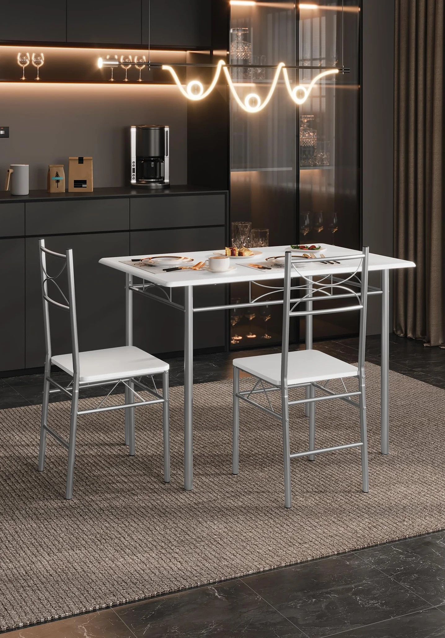 WOLTU Mesa y Sillas Comedor para 4 Personas, Mesa Cocina de Madera, Juego de Muebles de Comedor, Madera MDF y Metal, Blanco + Plata