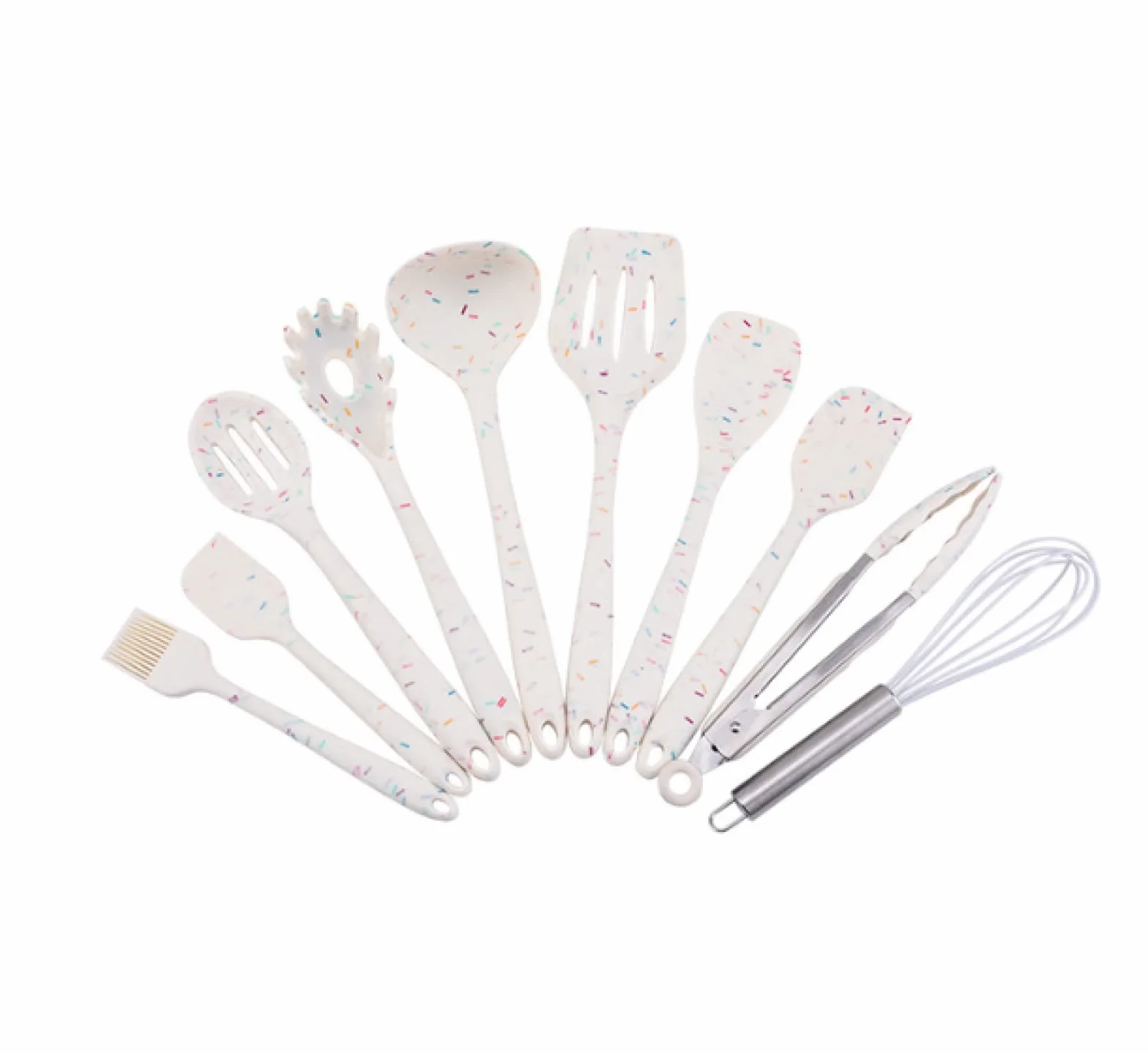 Juego de utensilios de cocina de silicona, espátula antiadherente, mango de madera, utensilios de cocina, 10 unidades, color blanco