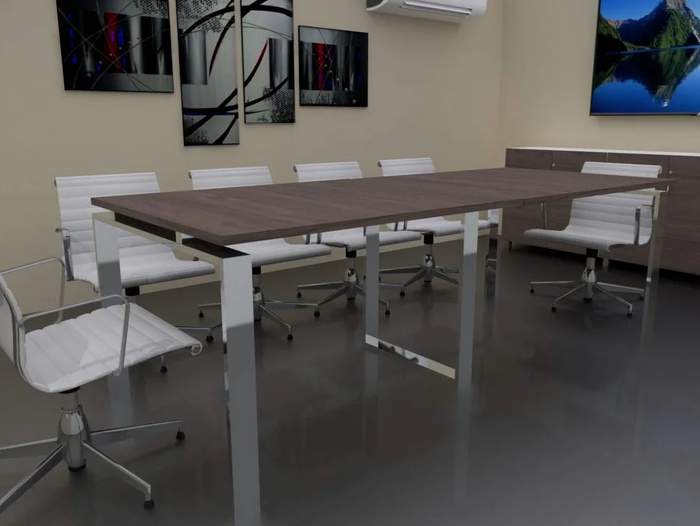 Mesa de 240x100 con Estructura metálica Marco Abierto Efecto Cromado y Tablero melaminado Ideal para Sala de Juntas, reuniones, conferencias (Nogal)