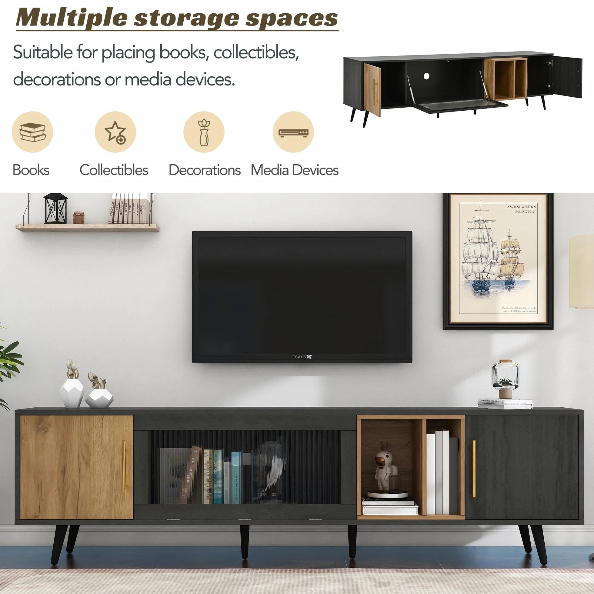 Mueble para TV de 200 cm, Soporte para TV de 90 Pulgadas con 2 Puertas, Armario Bajo con Puertas de Cristal Plegables y Espacio de Almacenamiento para Salón Dormitorio, Gris