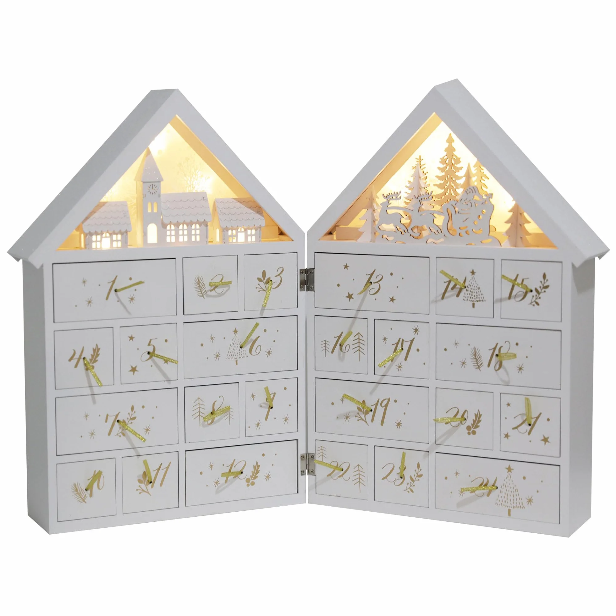 PE Calendario de Adviento de madera extra grande con cajones y luces LED, calendario de cuenta regresiva para Navidad reutilizable con escena de reno de bosque de aldea, decoración navideña para