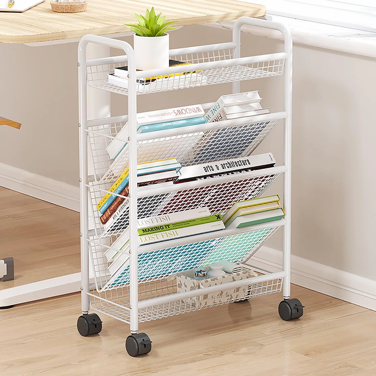 Carrito compacto con ruedas para libros, organizador de escritorio multifuncional con ruedas para espacios estrechos, estante de exhibición de esquina de metal y revistero