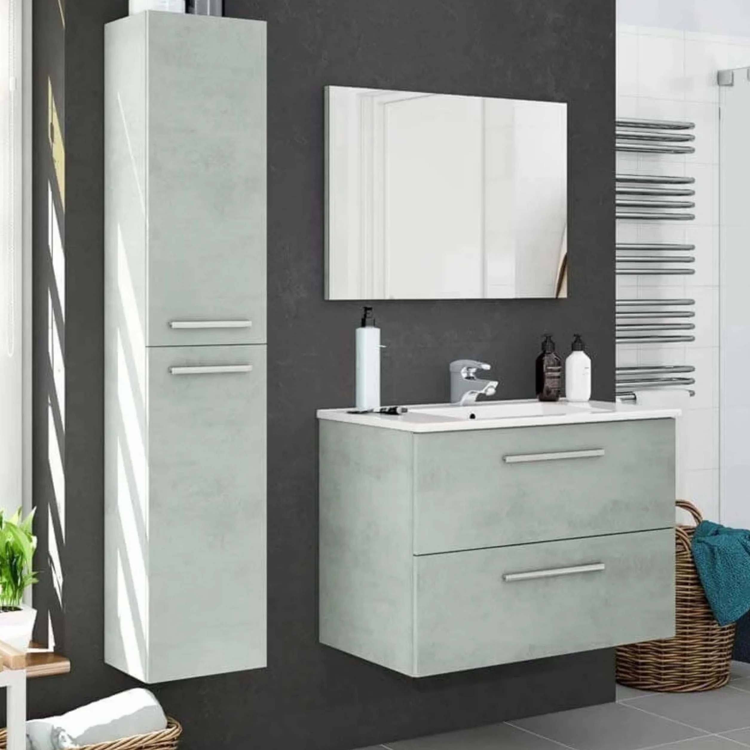 Pack de Muebles de Baño Aruba en Color Cemento o Blanco con Mueble de Baño, Columna, Espejo y Lavamanos Cerámico