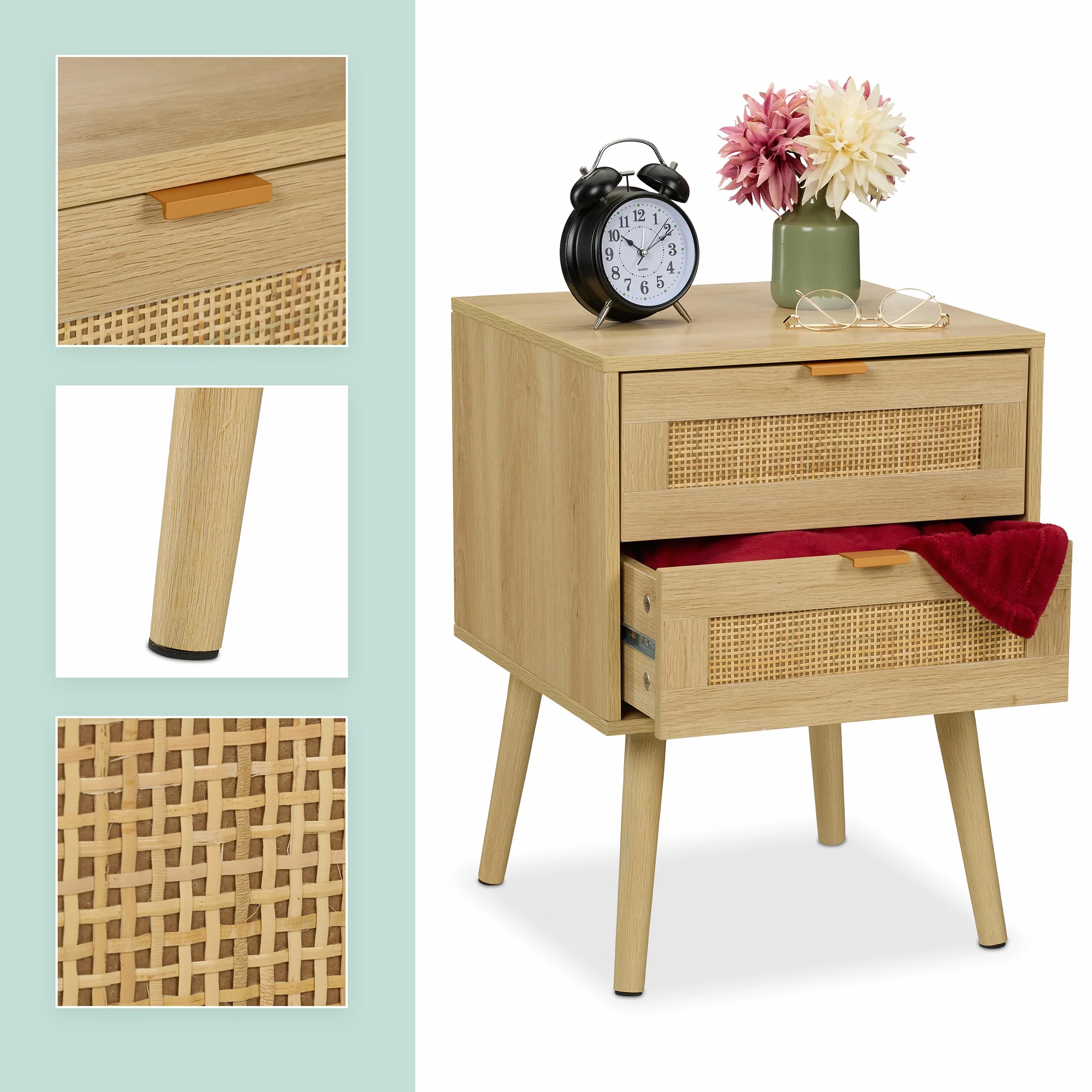 Relaxdays Mesita de Noche, Cajones, Set de 2, Estilo Ratán, Mesilla Dormitorio Efecto Madera, 55 x 40 x 41,5 cm, Natural | Mesita de noche, 2 cajones, 55 x 40 x 41,5 cm, dormitorio