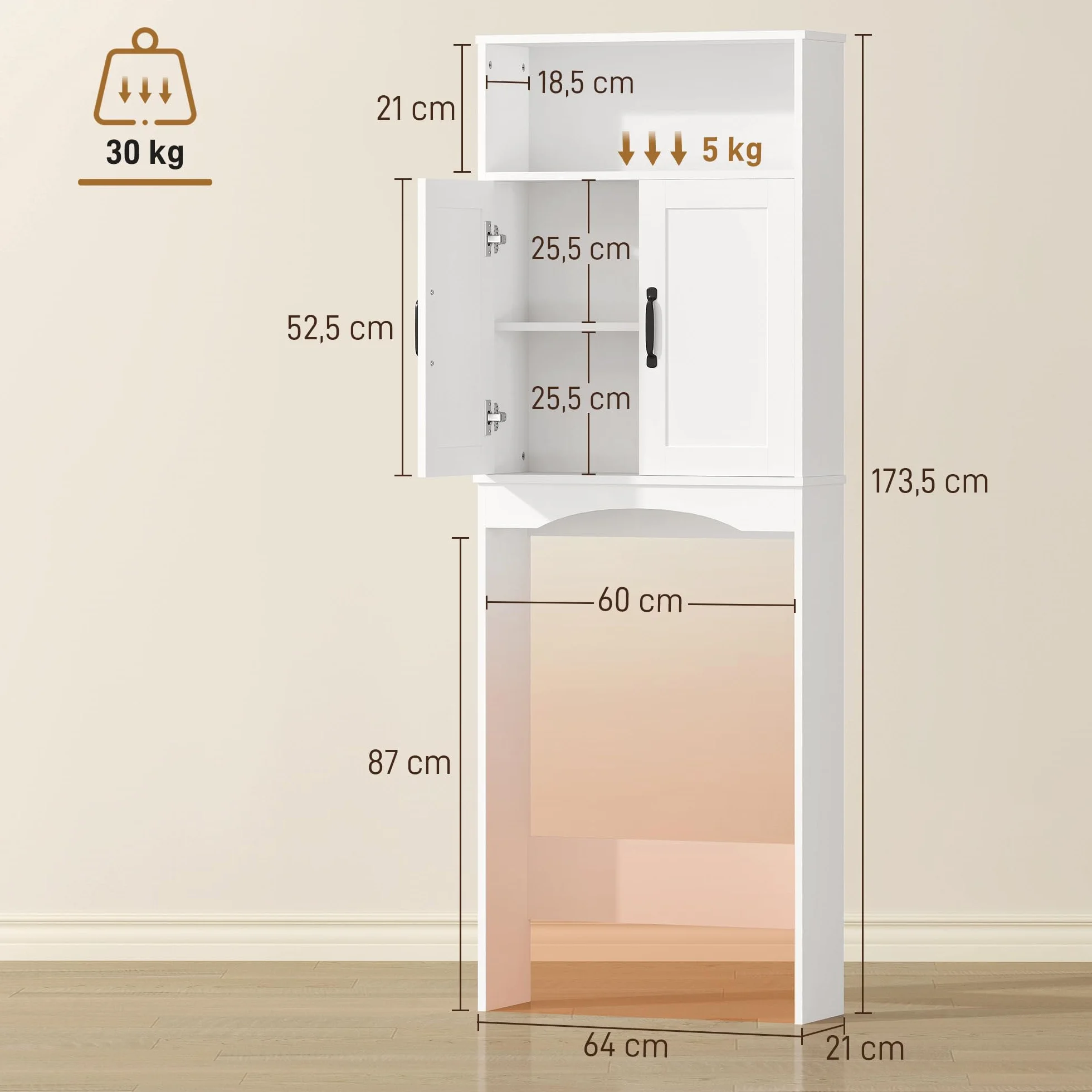 HOMCOM Mueble sobre Inodoro, Armario sobre Inodoro, Mueble de Baño con 2 Puertas de Cierre Silencioso, Estante Abierto para Lavanderías, Espacios Pequeños, 64x21x173,5 cm, Blanco