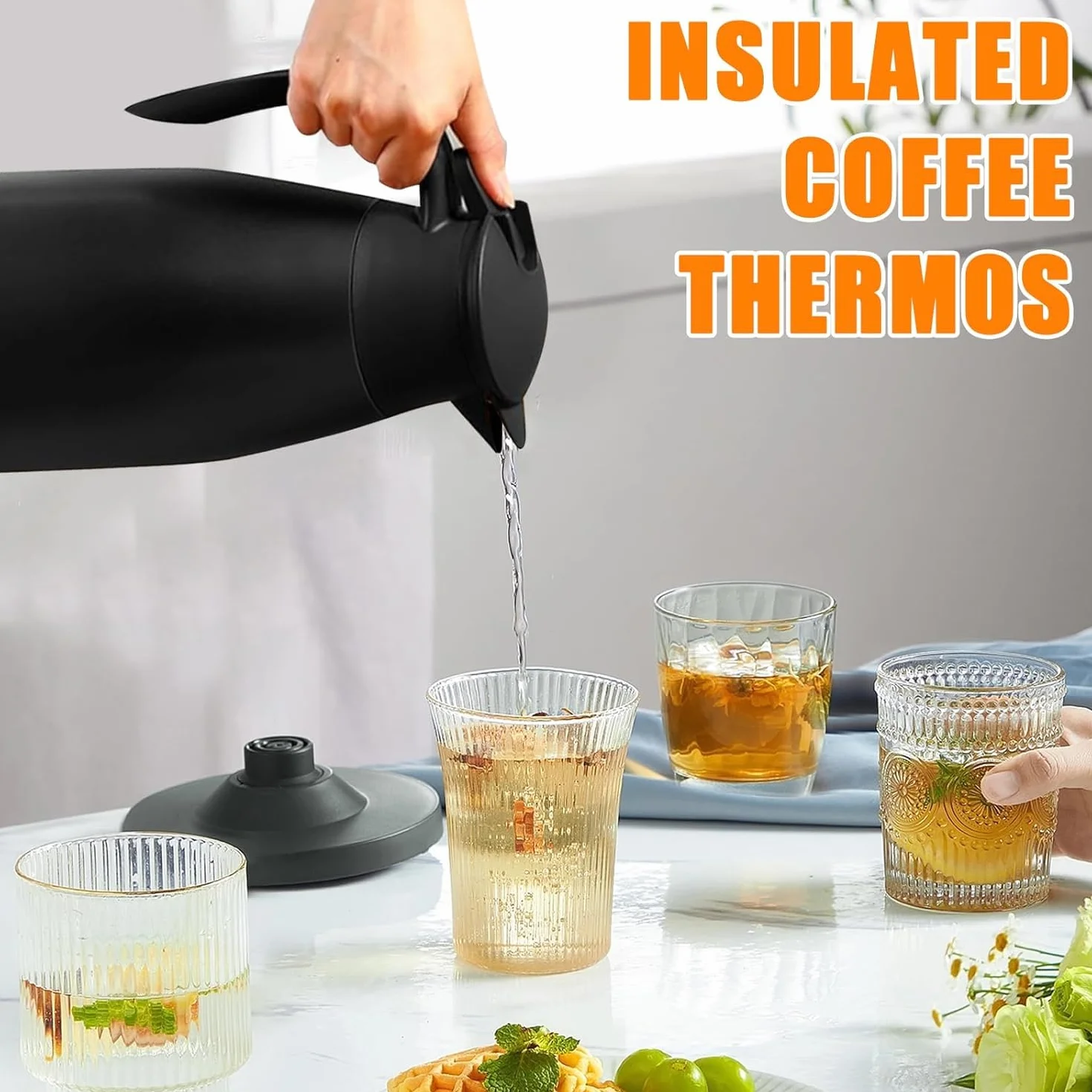 2 jarras térmicas de café de 2 litros aisladas de acero inoxidable para líquidos calientes, dispensador de crema térmica al vacío con cepillos que mantienen el calor 12 horas (negro)