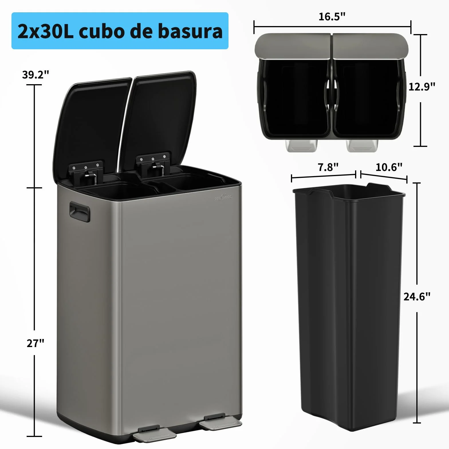 mVm Cubo de Basura Reciclable, Basurero de 60 L, 2 Compartimentos 2 x 30L con Pedal y Tapa de Cierre Suave, Papelera Moderna y Robusta, para Cocina, Salón, Gris