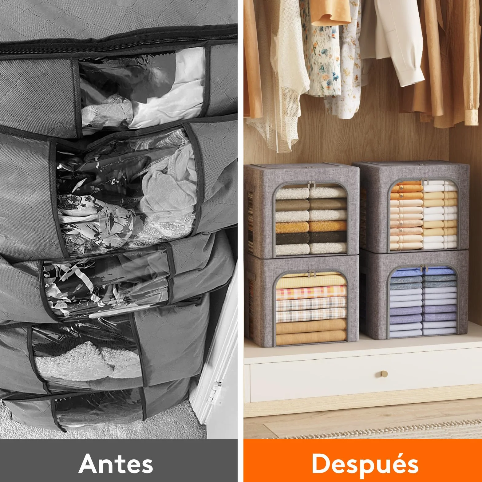 Lifewit Cajas Almacenaje Ropa con Marco de Metal Apilable 40L Gris Claro