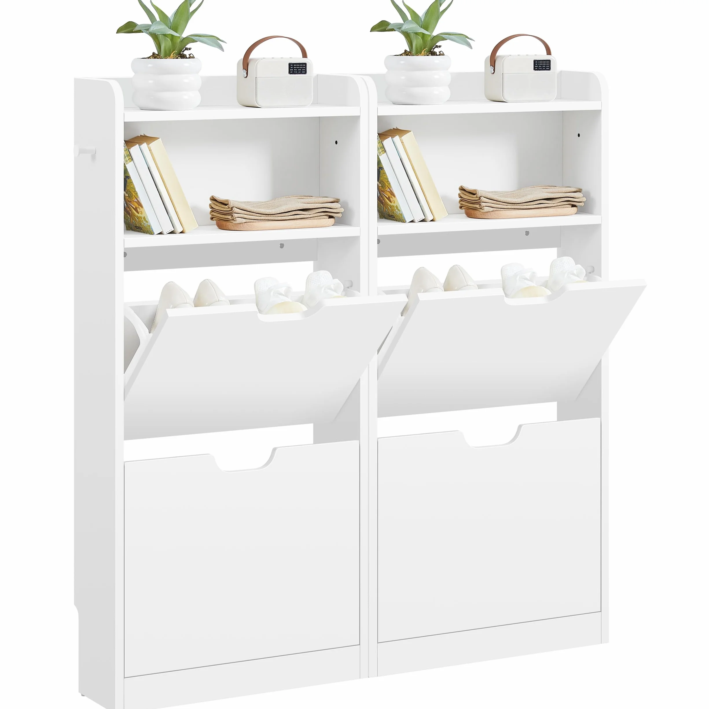 Yaheetech Mueble Zapatero Estrecho con 4 Solapas 100 x 17 x 108.5 cm Blanco | Gran Capacidad con Ganchos y Compartimento Abierto Mecanismo de Apertura Suave para Pasillos Estrechos, Entradas o Vestíbulos