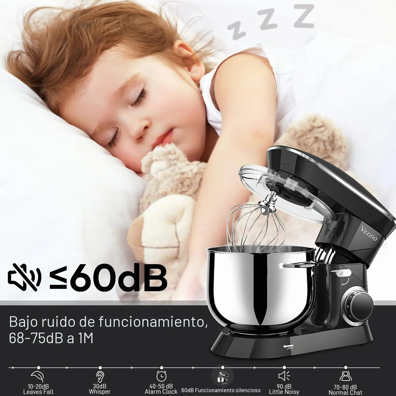 Batidora Amasadora Vezzio 8.5L Repostería Profesional 1500 W 6 Velocidades Robot de Cocina Batidora Multifunción Bajo Ruido Bol de Acero Inoxidabl, Amasador, Batidor y Varillas (Black)