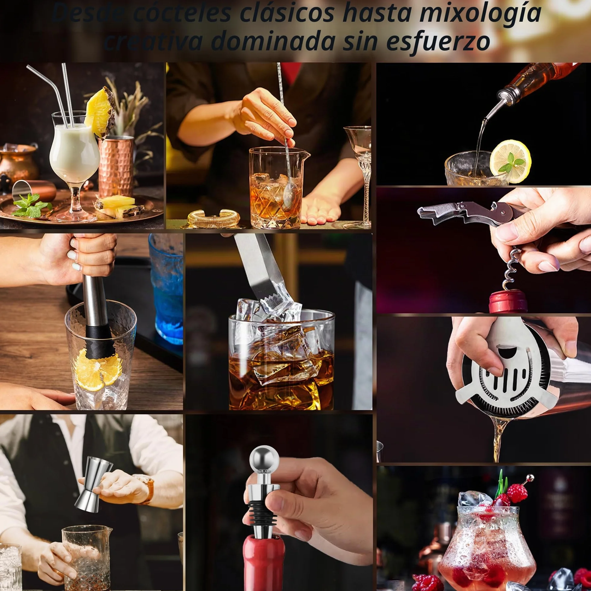 19 Piezas Coctelera, 750 Ml Coctelera Profesional de Acero Inoxidable Soporte Madera y Libro de Recetas De CóCteles, Cocktail Shaker, Regalo para Hombres y Mujeres (Bar en Casa, Fiesta, Boda)