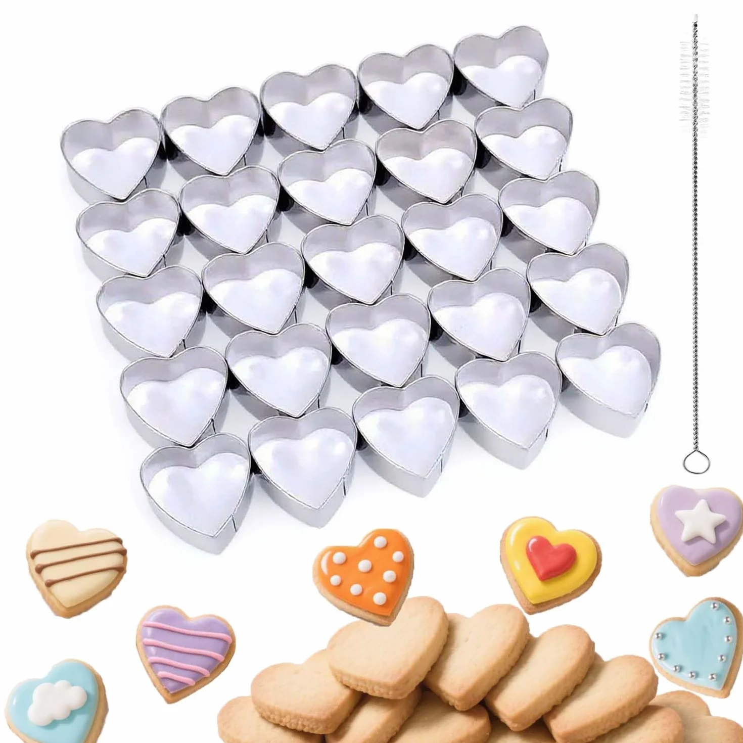 25 cortadores de galletas con forma de corazón de acero inoxidable con cepillos de limpieza, cortadores de pasteles de galletas, cortadores de verduras, hornear, decoración de postres y más