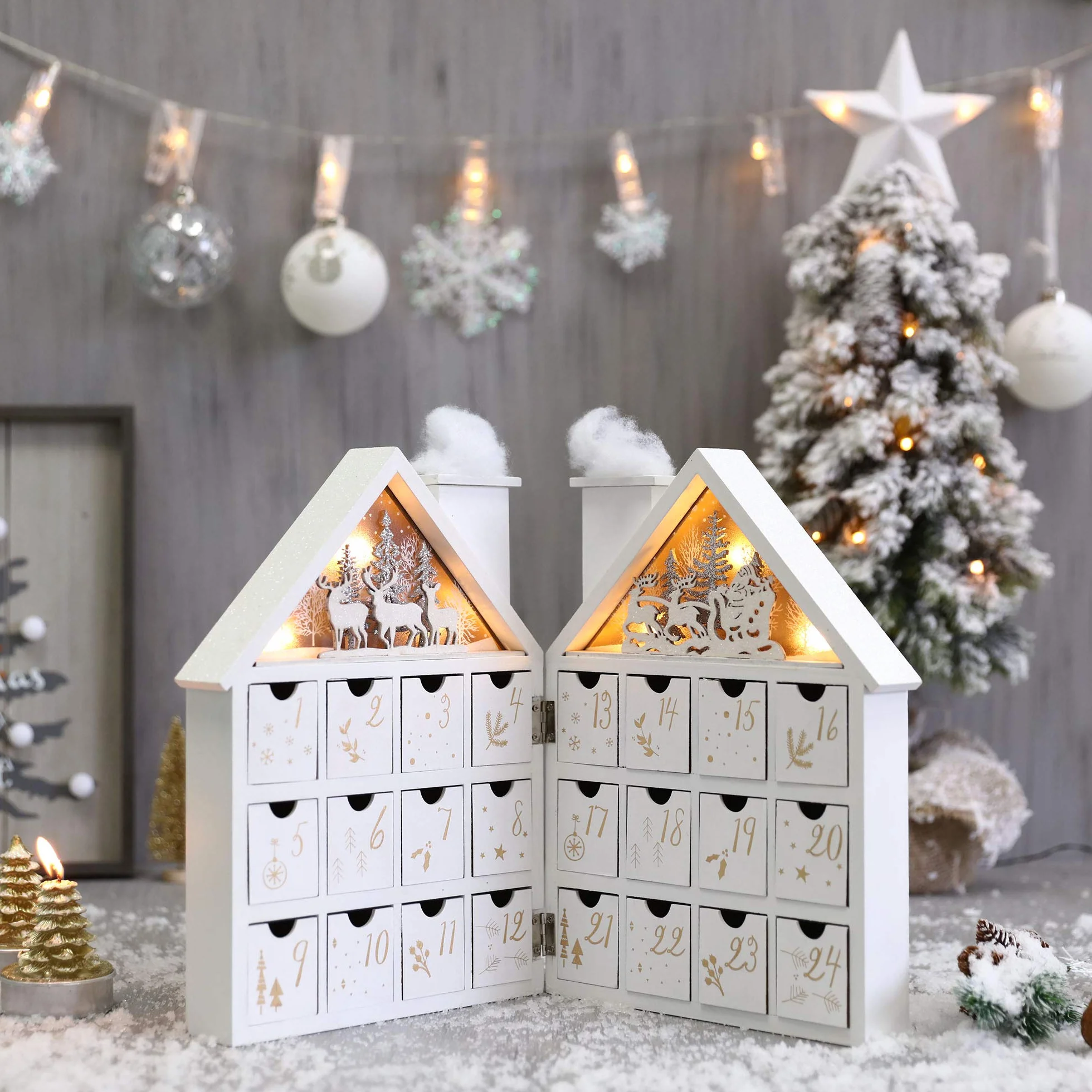 Calendario de Adviento de madera de Navidad con 24 cajones y luces LED Cuenta regresiva para la decoración de Navidad (bosque blanco)