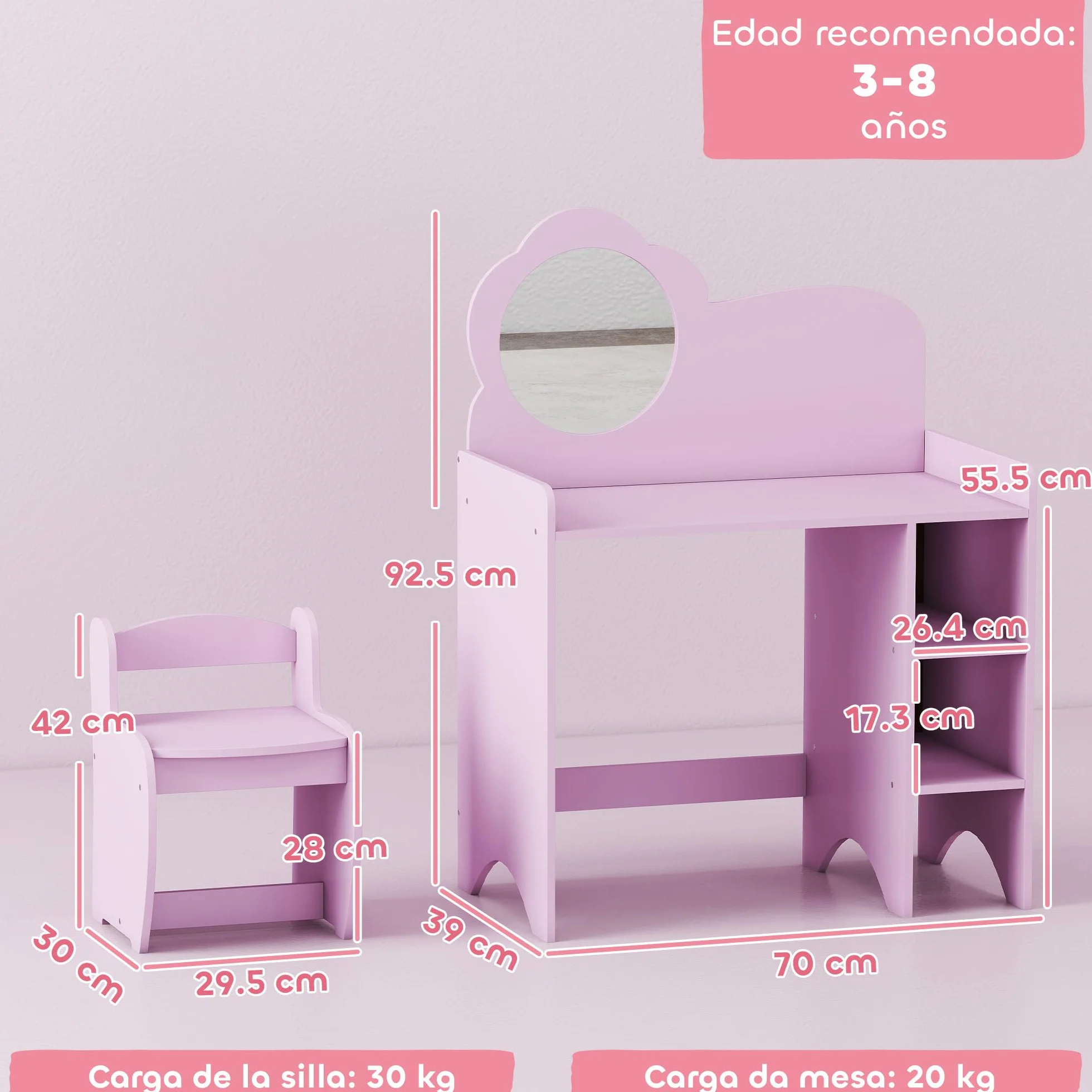 AIYAPLAY Tocador de Maquillaje Niña 2 en 1 Escritorio Infantil con Taburete Espejo Flor Estantes Abiertos Morado