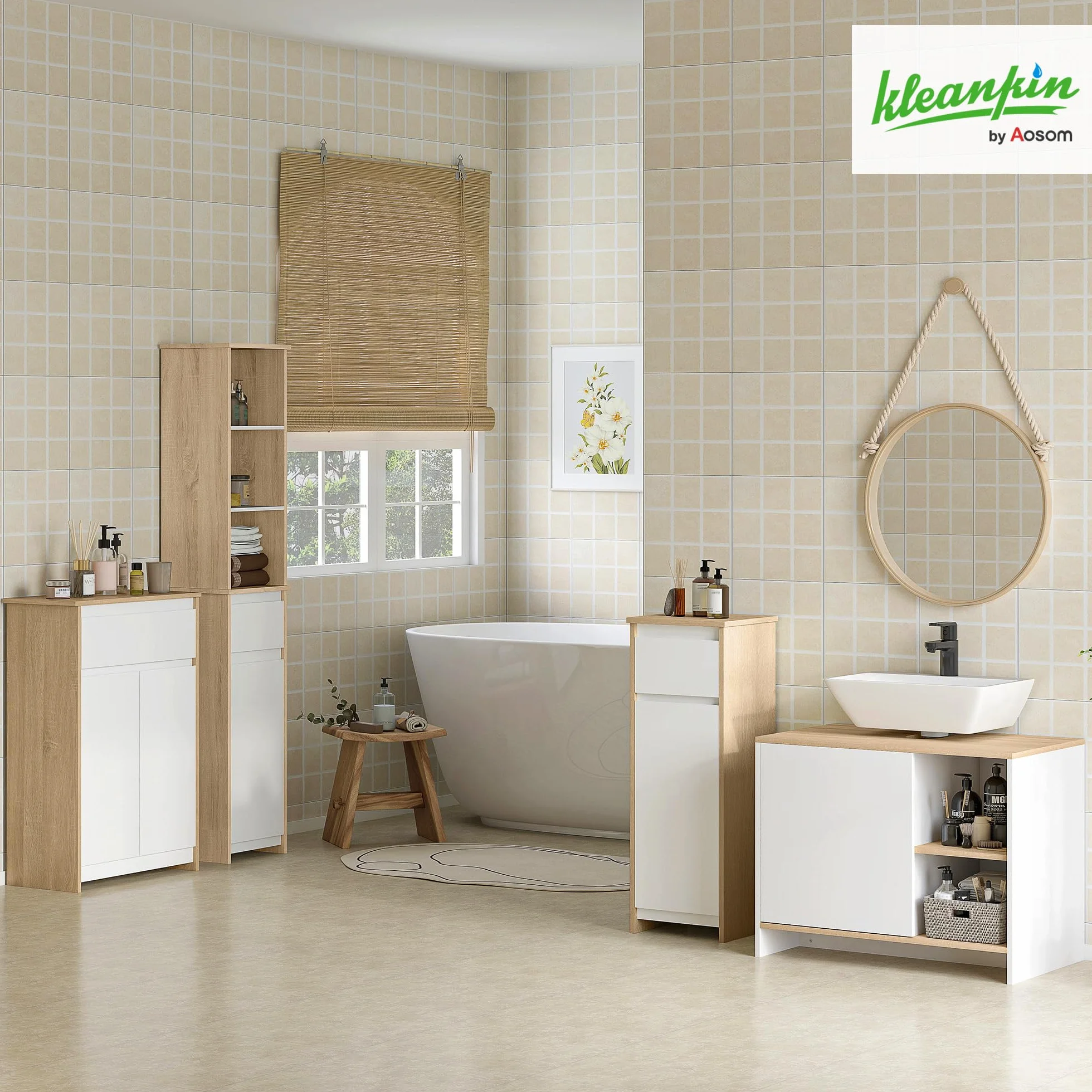 kleankin Armario Auxiliar de Baño con 1 Cajón y 1 Puerta Mueble Auxiliar de Baño para Salón Aseo Dormitorio Estilo Moderno Antivuelco 32,6x30x90 cm Blanco y Natural
