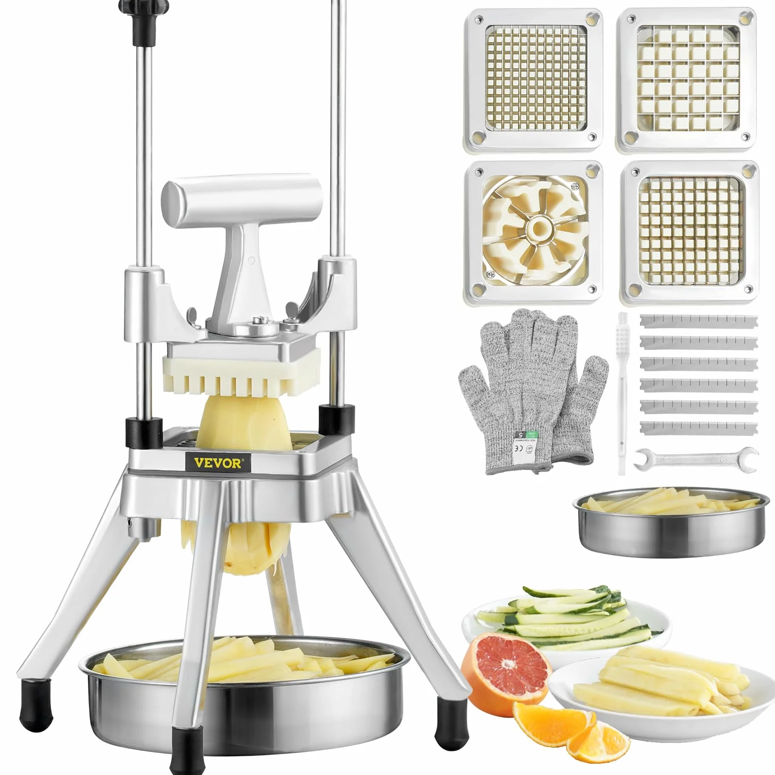 VEVOR Cortador de Verduras de Multifunción Profesional Manual con 4 Cuchillas de Acero Inoxidable 12,7/6,4/9,5 mm y 6 Cuchillas de Repuesto para Rebanar Palitos de Frutas Restaurante de Cocina