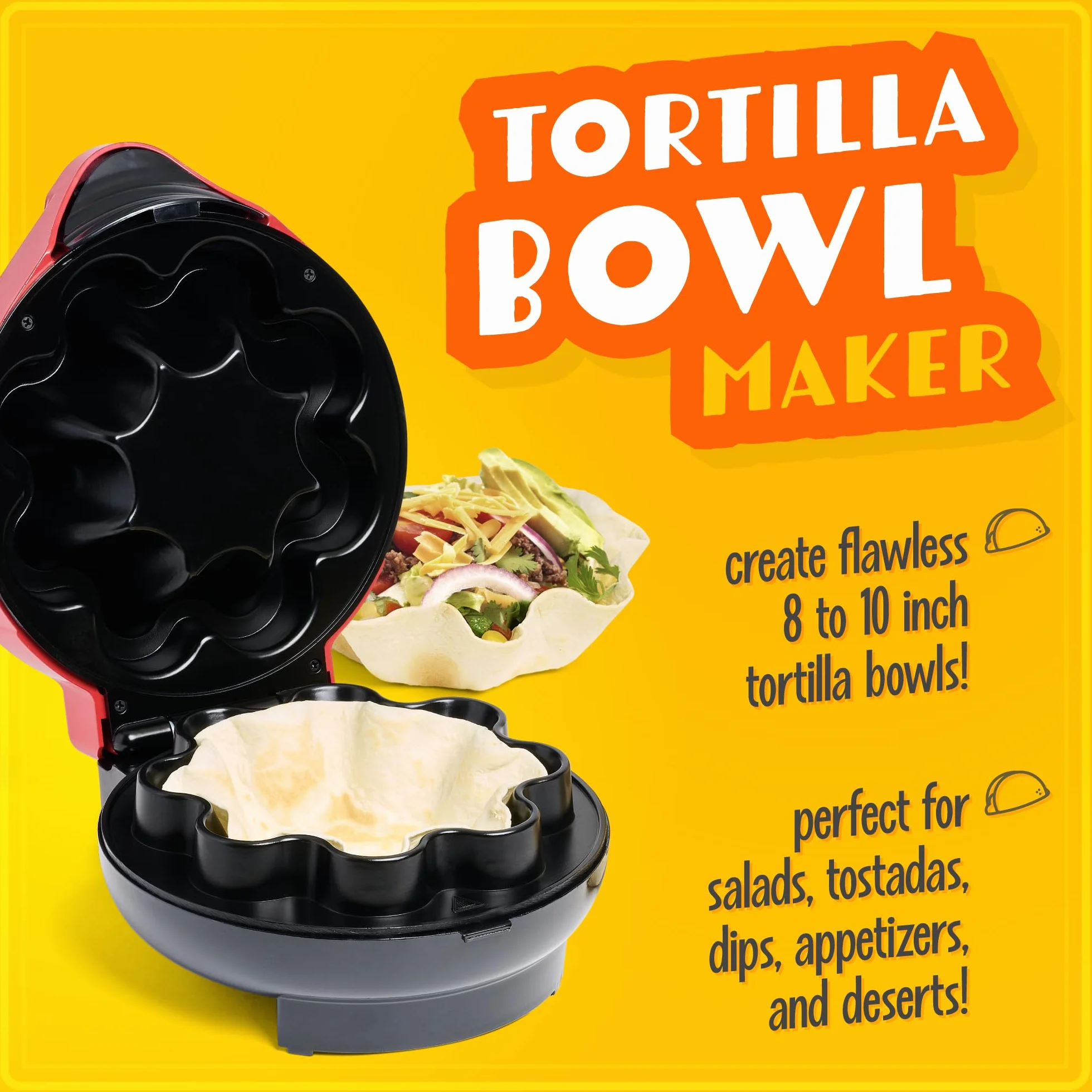 Taco Tuesday - Tazón de tortilla para cuencos de tacos horneados, tostadas, ensaladas, salsas, aperitivos y postres, tortillas de 8 a 10 pulgadas, color rojo