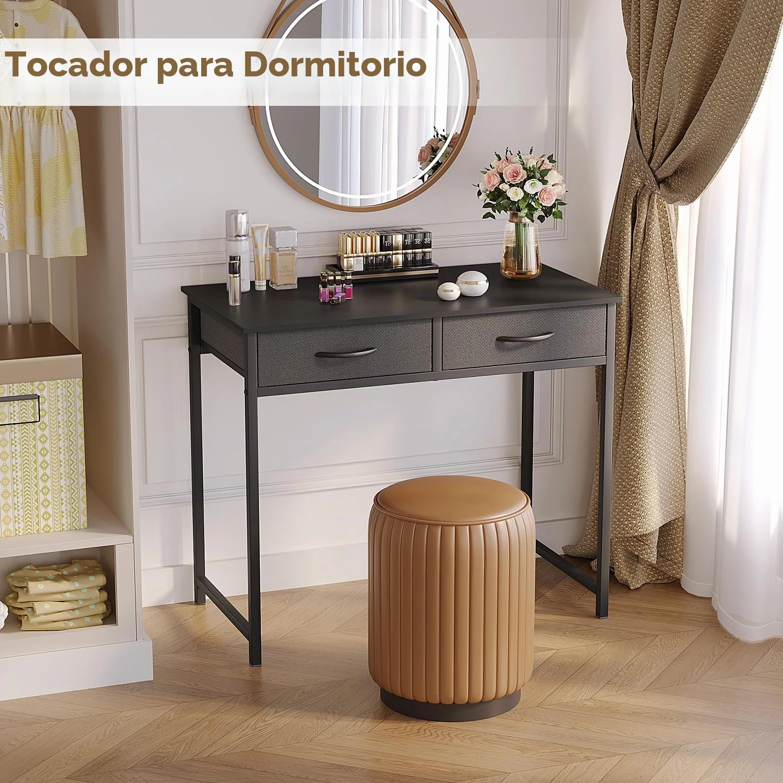 WOHOMO Escritorio pequeño para computadora con cajones, escritorio negro de 31.5 pulgadas con almacenamiento, escritorios de computadora de oficina en casa para espacios pequeños, mesa de estudio de