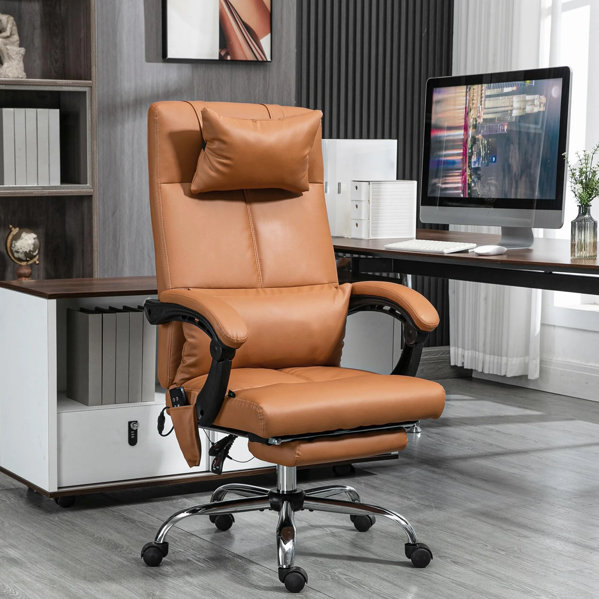 Vinsetto Silla de Oficina Ergonómica con Masaje y Calefacción, Silla de Escritorio Reclinable de Altura Ajustable con Respaldo Alto y Reposapiés, Cuero de PU para Ordenadores, Marrón Claro