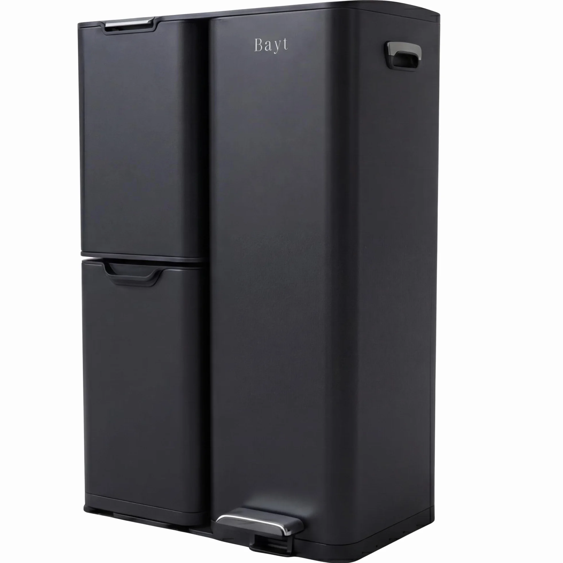 Bayt Cubo Basura - Cubo de Basura Cocina con 3 compartimentos (13+17+30L), Papelera con Separación Inteligente de Residuos, Acero Inoxidable, Total 60 Litros, Negro