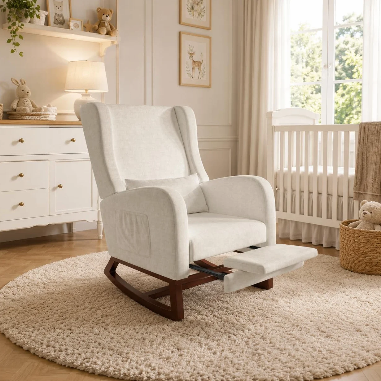 Silla mecedora con reposapiés, sillón oscilante con taburete, cómodo sillón de lactancia para amamantar, con base de madera, 2 bolsillos laterales, 1 cojín lumbar, para salón dormitorio, beige