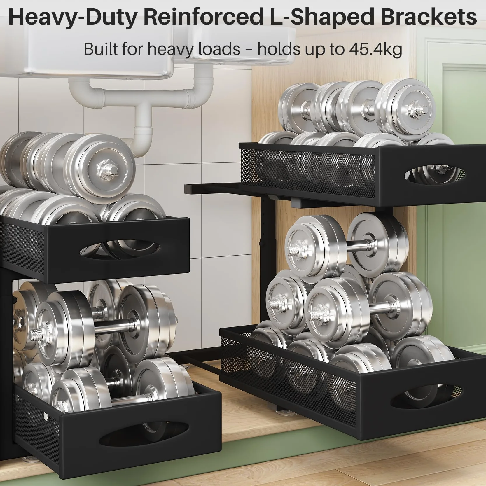 Kitstorack Organizador Bajo Fregadero de Metal 2 Niveles Cajones Deslizantes Altura Ajustable Negro