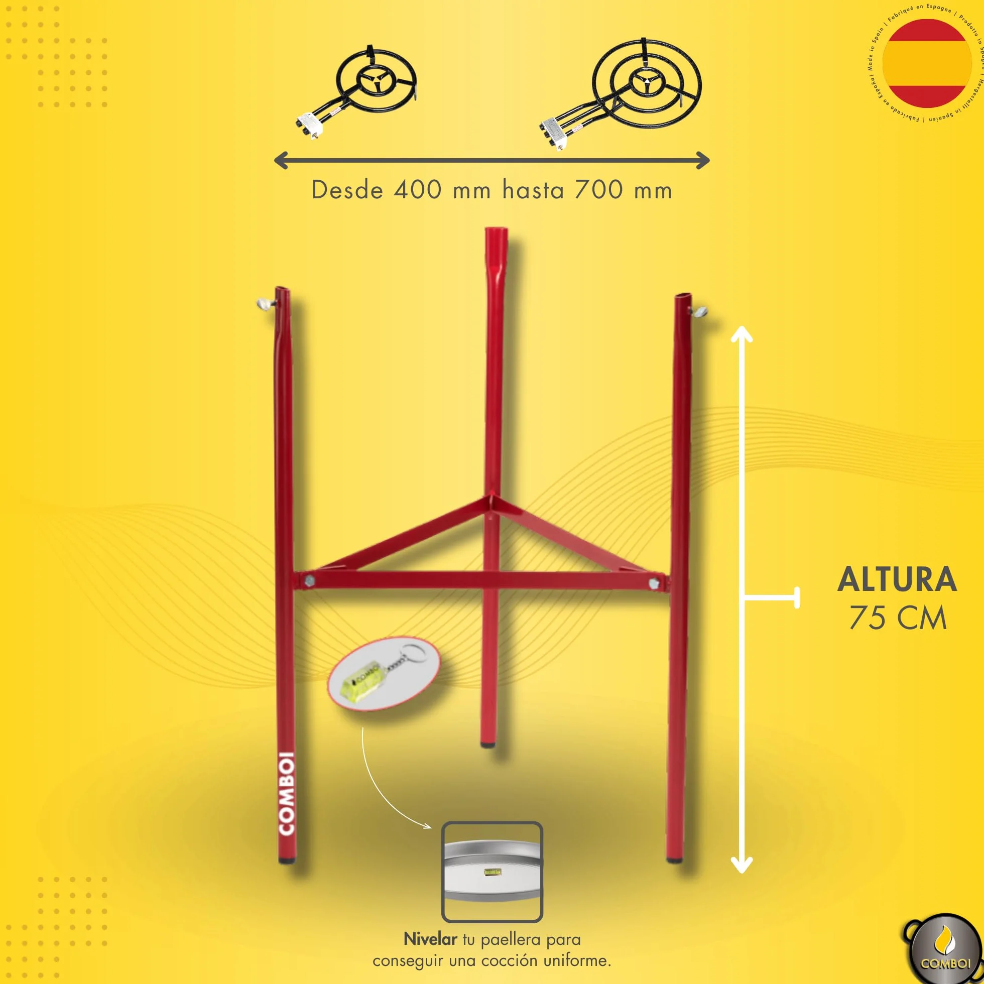 COMBOI Kit Paellero Gas Butano 70 cm – Paellera Esmaltada 90 cm, Patas Reforzadas, Regulador, Manguera, Nivel, Delantal y Recetario Digital – Quemador de 3 Aros para Exterior