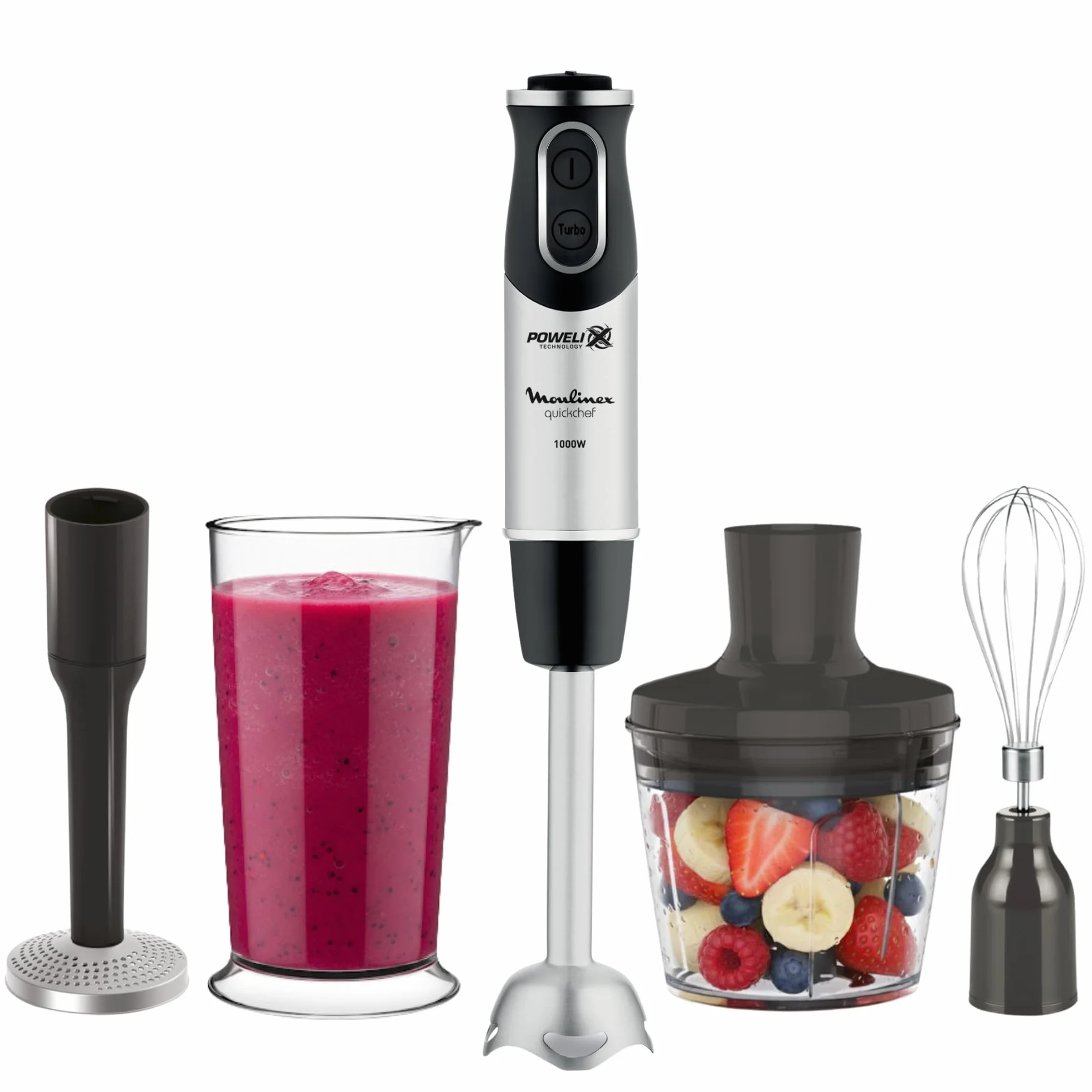 Moulinex Quickchef, Batidora de mano 1000 W con 4 accesorios, 10 velocidades, accesorio pasapuré, picadora, varillas, vaso medidor y pie metálico, cuchillas de acero robustas DD65H810