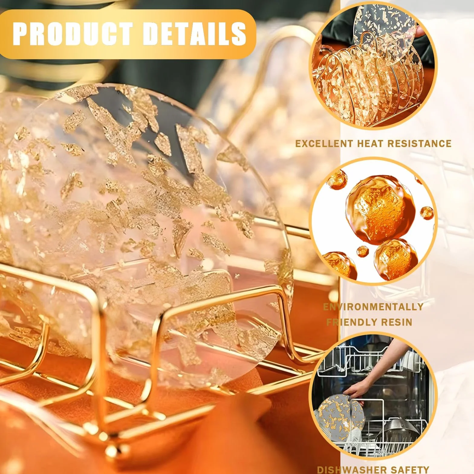 Posavasos Redondos Transparentes para Bebidas Juego de 6, Lámina de Oro, Lavables Antideslizantes para Café Té Copas