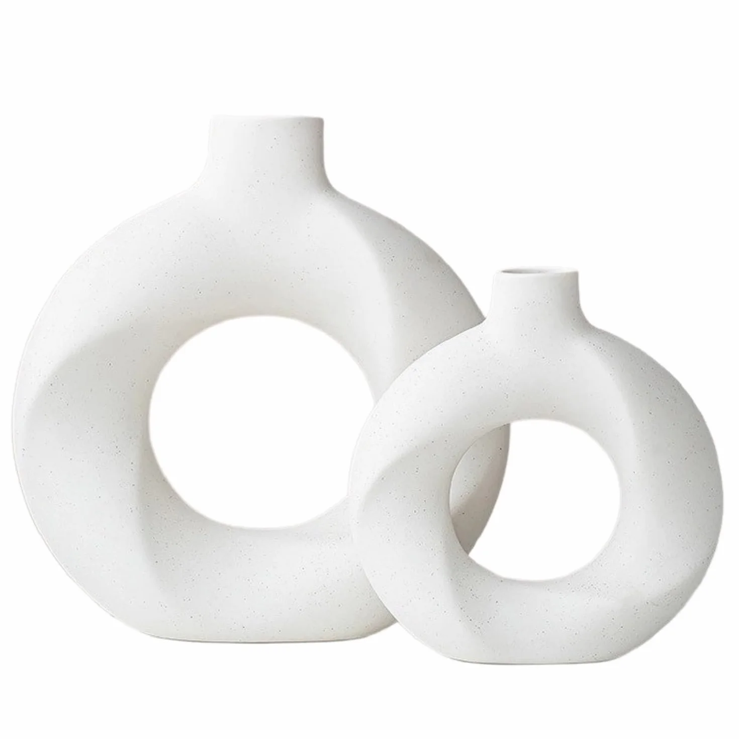 Juego de 2 Jarrones de Cerámica Blanca Moderna, Soporte de Flores Minimalista | Forma de anillo minimalista, cerámica hecha a mano, acabado mate blanco