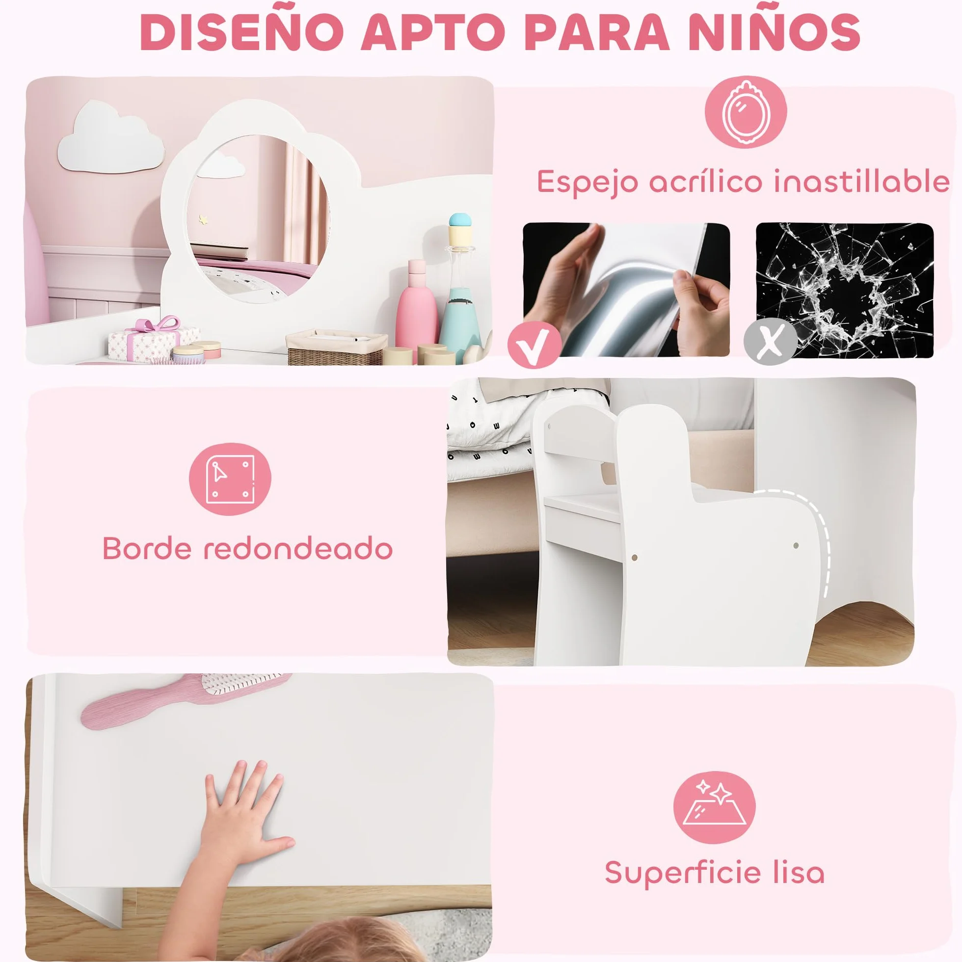 AIYAPLAY Tocador de Maquillaje Niña 2 en 1 Escritorio con Taburete Espejo Flor Estantes Abiertos Blanco