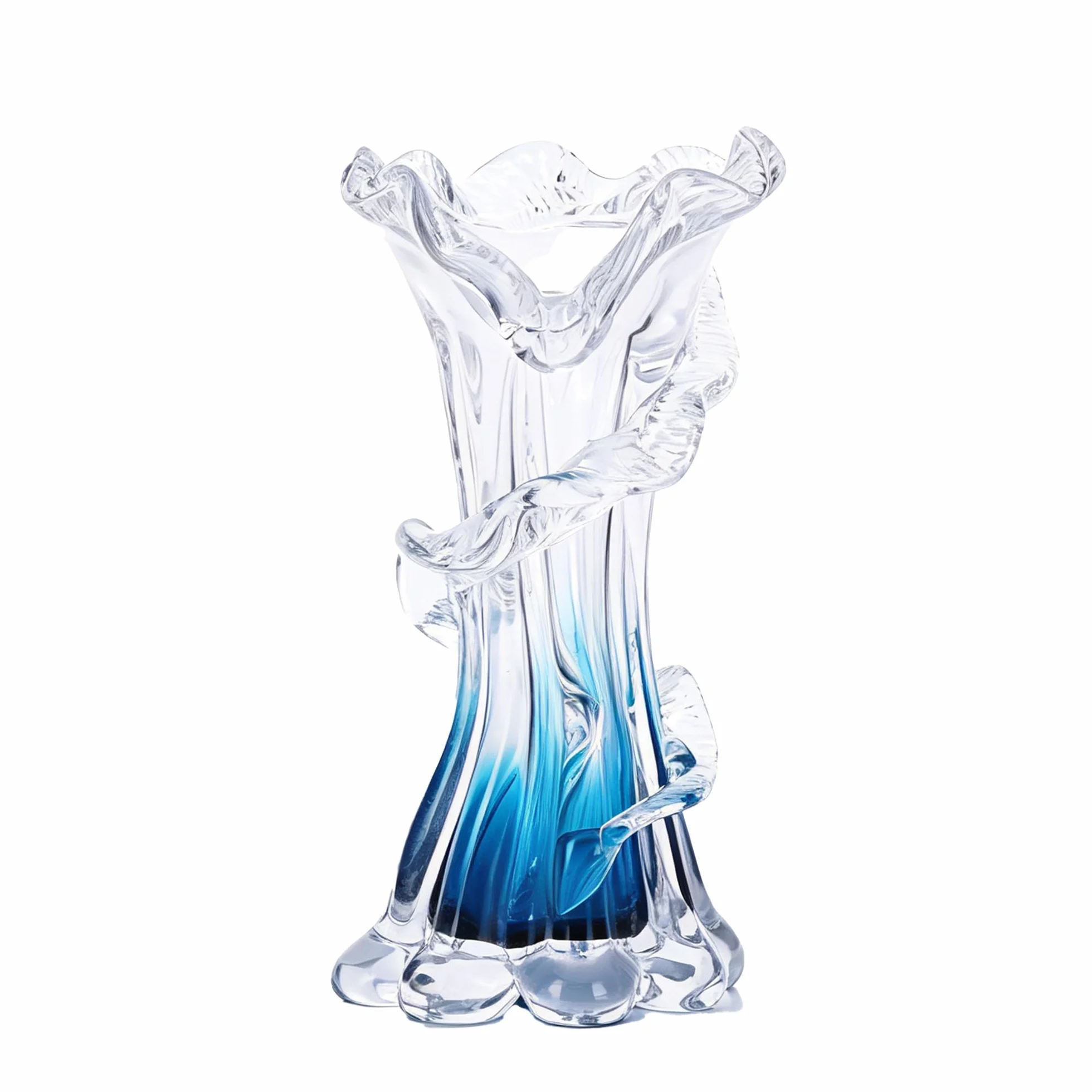 Jarrón único de vidrio azul soplado a mano, jarrón artístico de flores azul degradado para decoración del hogar, centros de mesa y estante de oficina