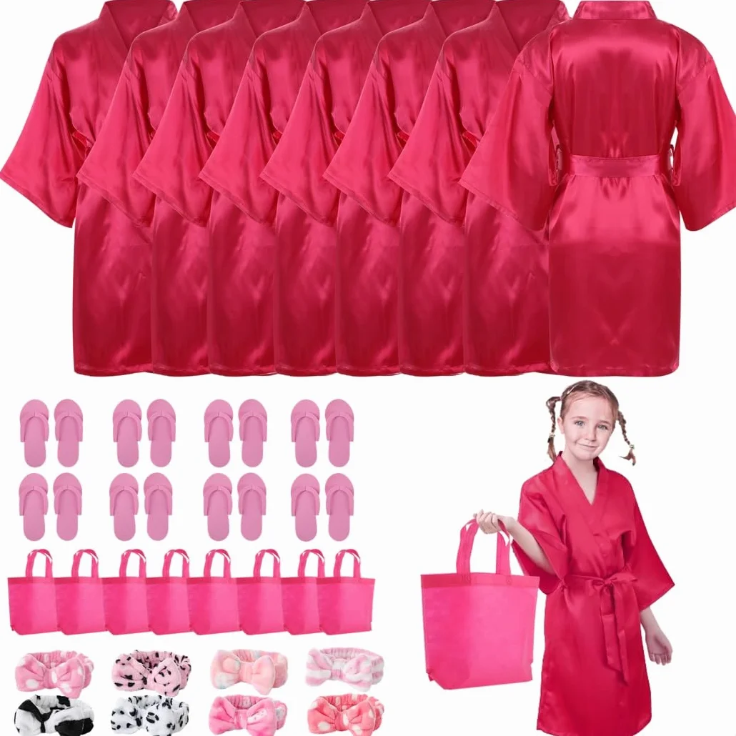 Kit de fiesta de spa de 32 piezas: incluye 8 kimonos de satén, 8 diademas de spa, 8 pantuflas de espuma y 8 bolsas para fiestas de pijamas de niños, fiestas de pedicura y diversión en el salón de